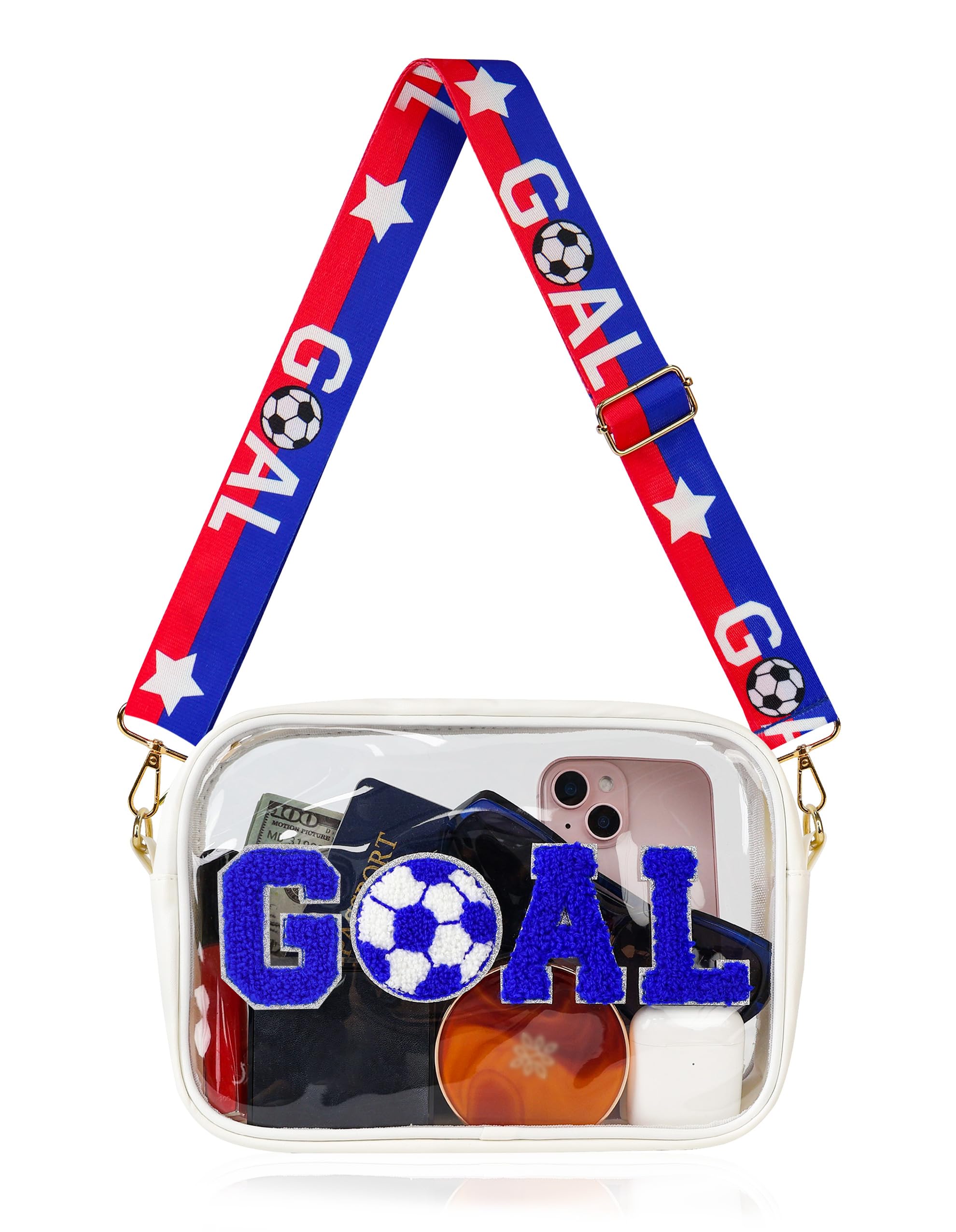 Clear Bag for World Soccer Cup 2026 Stadium Approved, Chenille Crossbody Fanny Pack for Stadium Events Concert Travel, Game Day Clear Purse with Shoulder Strap Gifts for Women Men (Blue-Whit-Red)