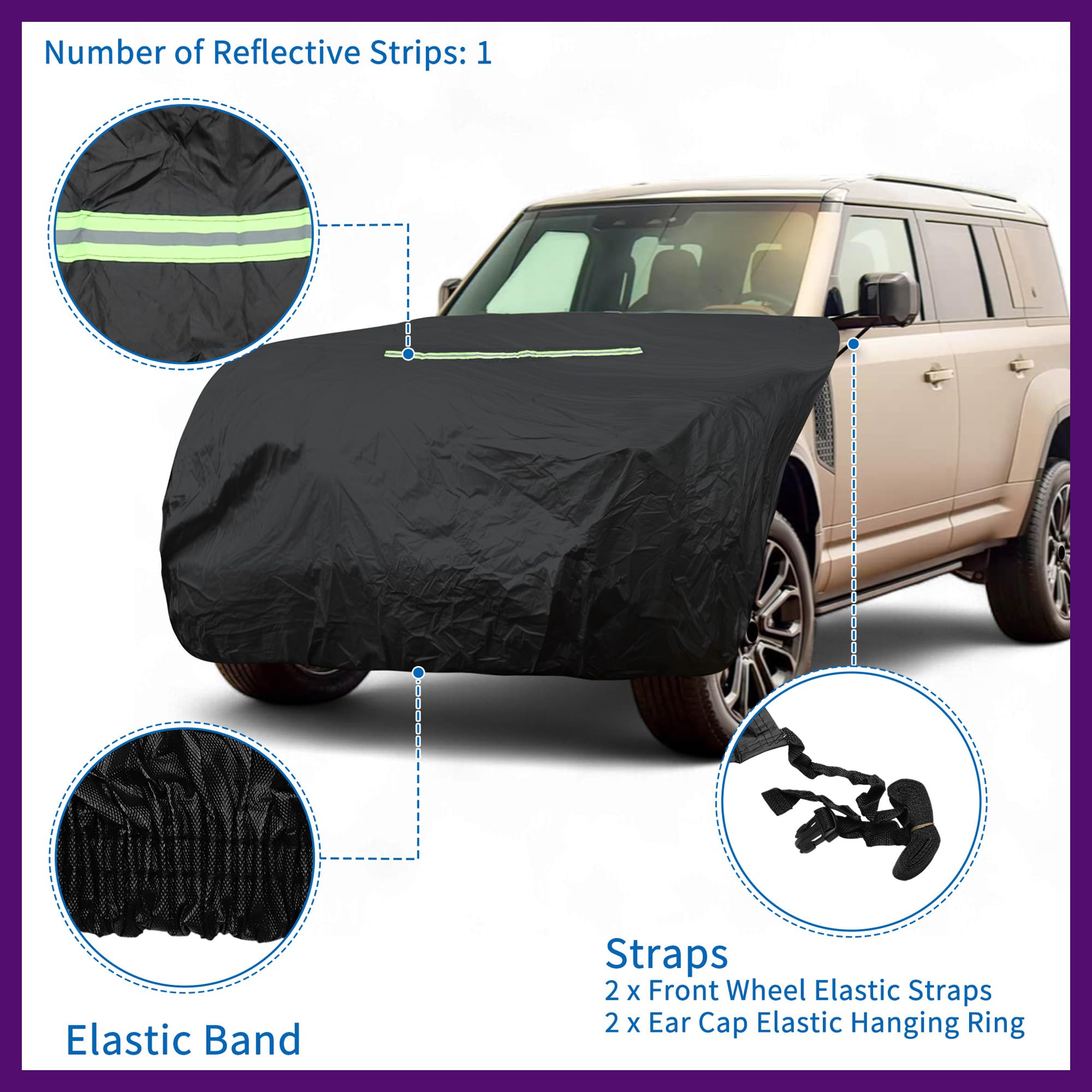 FUELHOOD SUV/オフロード車用 フロントカバー ボンネットカバー ブラック ヘッドライト黄ばみ防止 UVカット | Mサイズ、長さ198cm、裏起毛、雹対策、蛍光反射テープ、防風ロープ付き、収納袋付き、210Dシノケミカル棉素材、耐摩耗性、撥水加工、防水、防塵、耐傷、全天候プロテクション、簡単メンテナンス、コンパクト設計、軽量、折りたたみ可能、洗濯可能