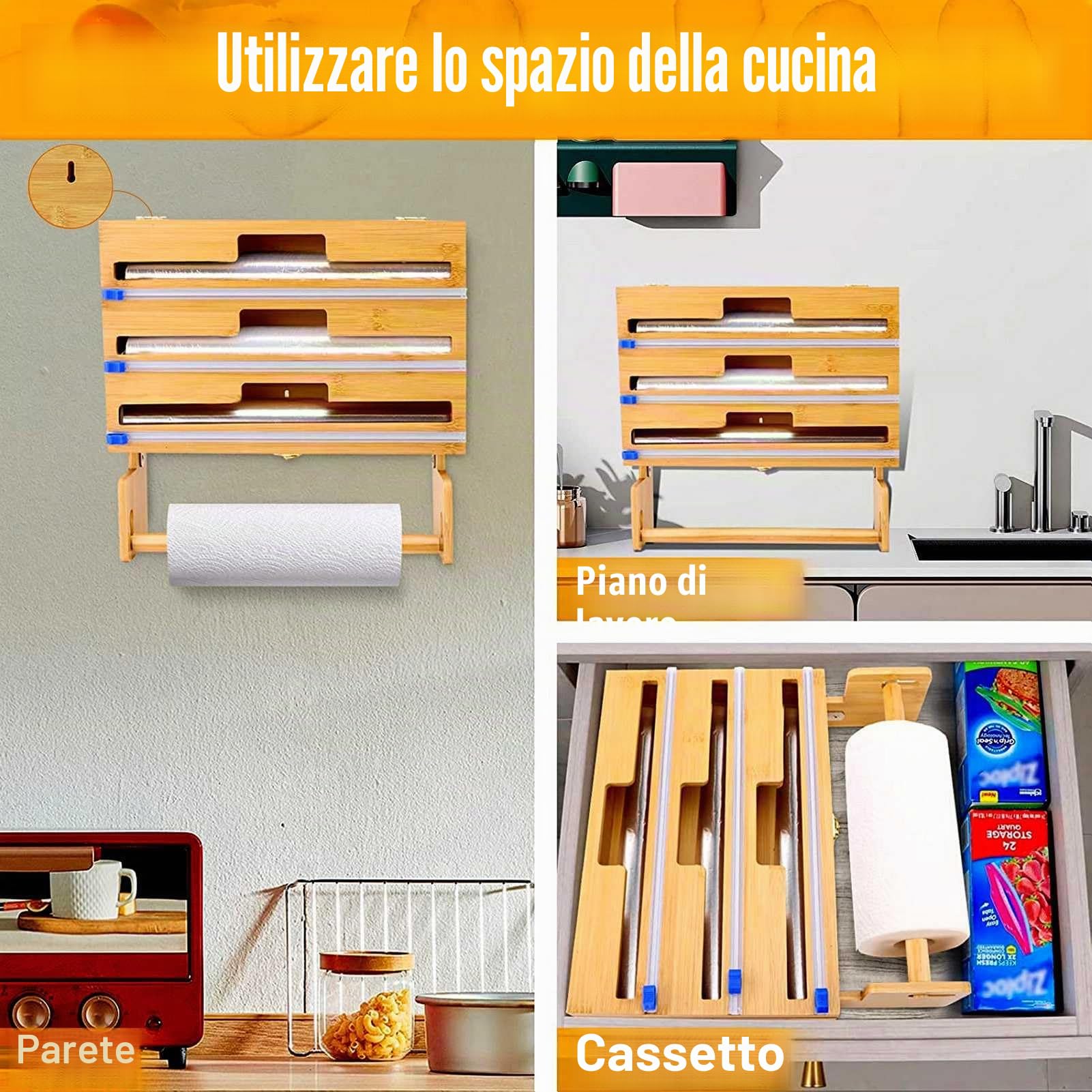 Dispenser e taglierina 4 in 1 per pellicola trasparente, pellicola trasparente, foglio di alluminio e carta cerata, organizer da cucina per 12 rotoli, compatibile con cassetti da parete, porta rotolo