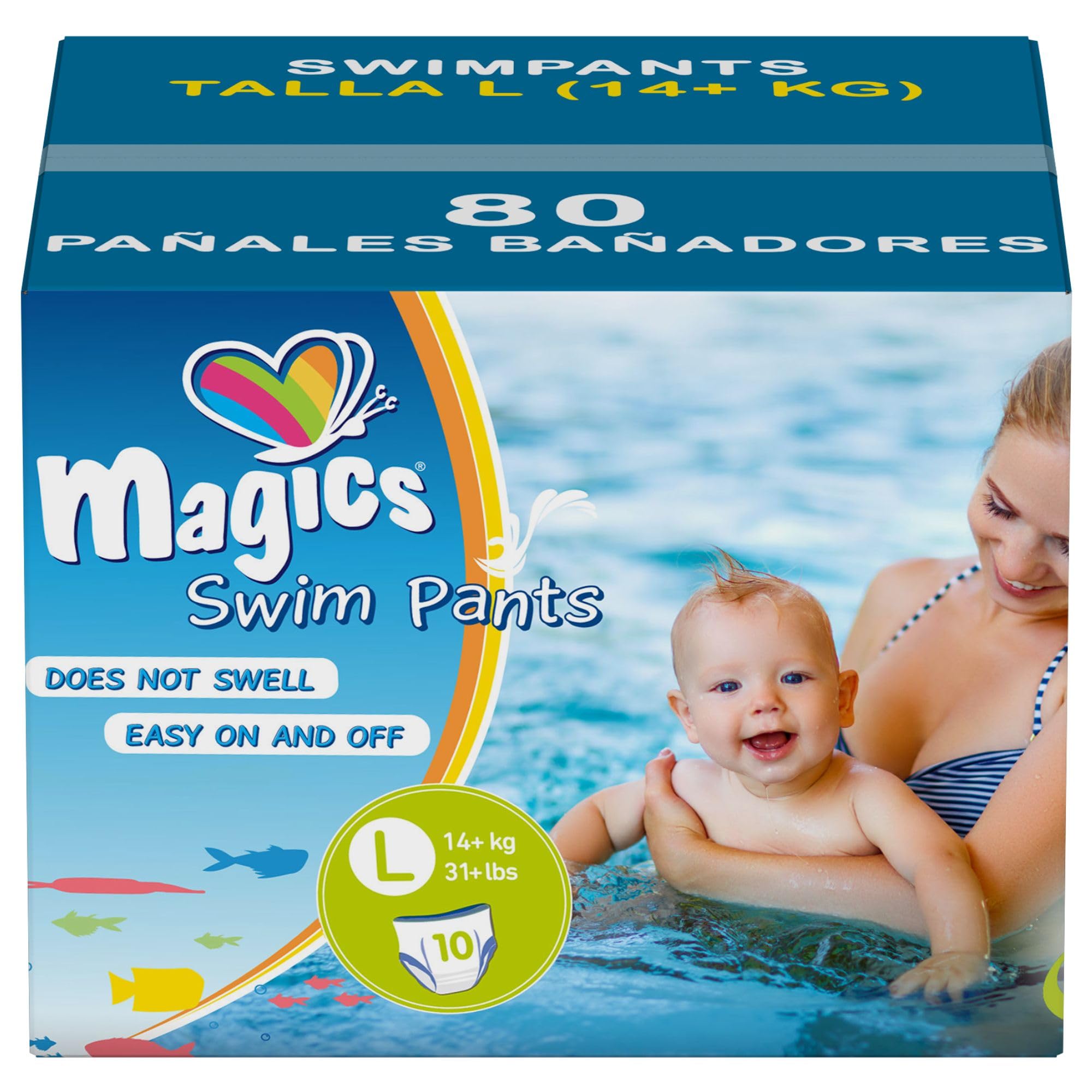 Magics Swim Pants, Pañales Bebé Bañadores Desechables, Talla L (14+kg), Formato de Cartón Conveniencia 80 Pañales de Nadar