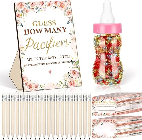 Syhood Floral Baby Shower Games Guess How Many Pacifiers - Cartel de juego 50 pequeños juegos de adivinanzas, 20 lápices HB, botella de leche de