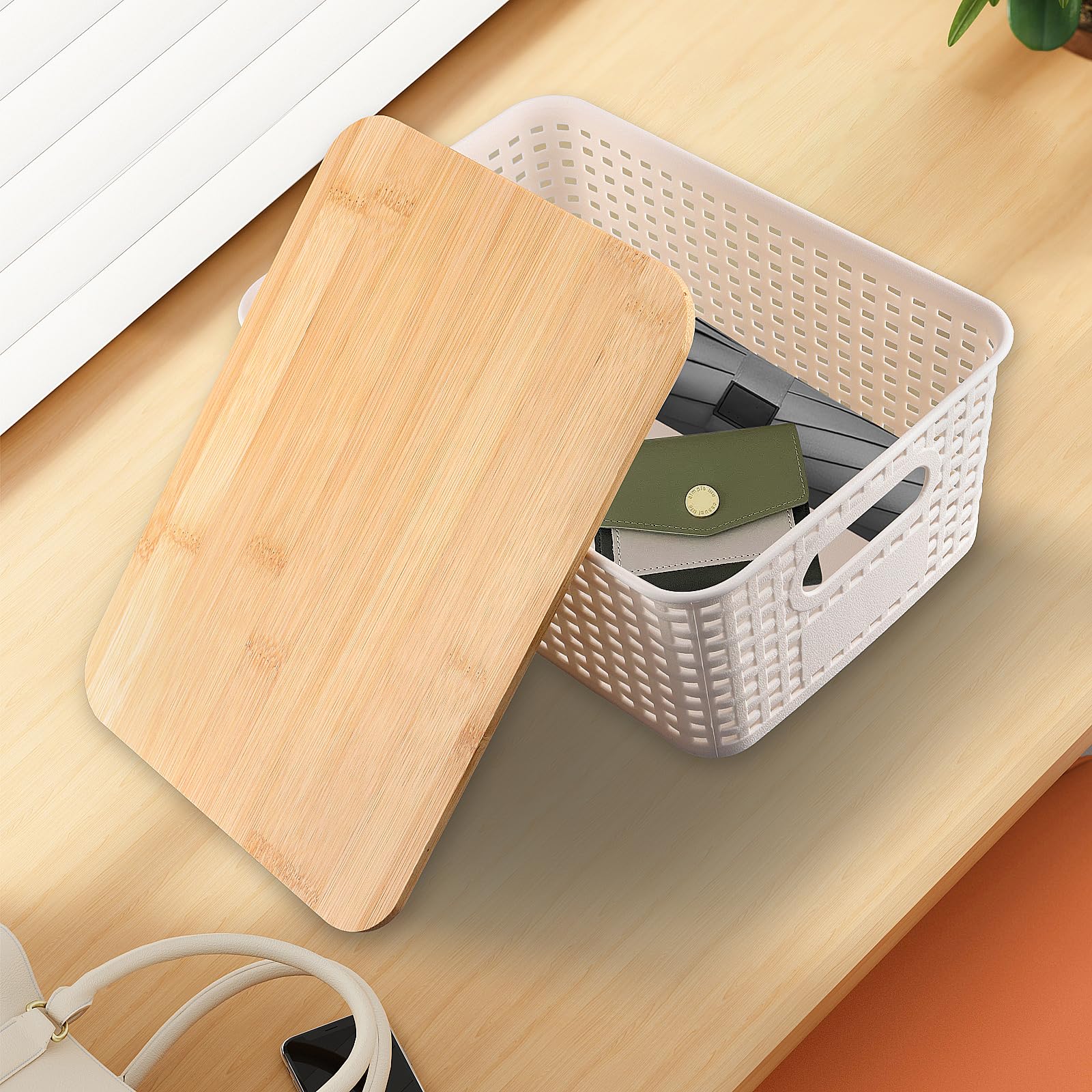 Set di 6 Scatole Portaoggetti in Plastica con Coperchio in Bambù, Contenitori Impilabili Salvaspazio per Armadio, Bagno, Cucina e Ufficio, 25 x 18 x 10 cm, Bianco
