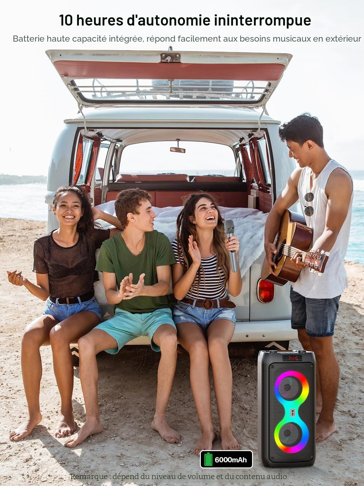 Machine de karaoké, enceinte portable d'extérieur avec 2 microphones sans fil, système PA avec lumières LED pour camping, plage, fête, prise en charge USB/TF/REC/AUX, batterie de 6000 mAh, cadeaux