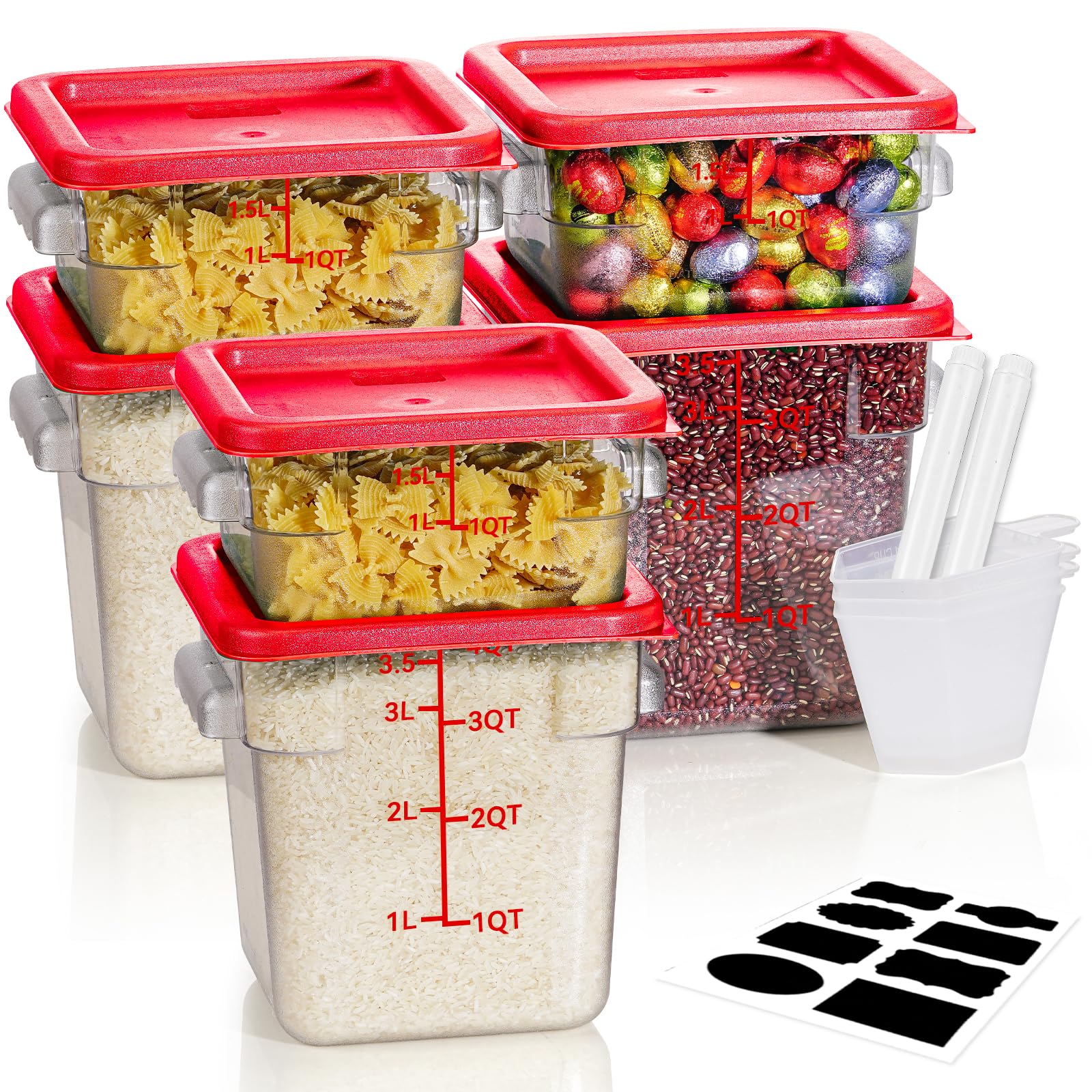 2QT&amp;4QT 6PCS NSF Commercial Clear Food Storage Containers with Lids(RED)