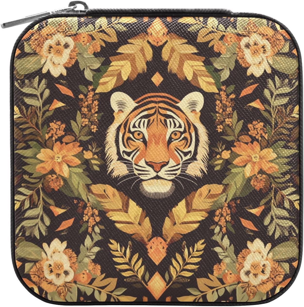 Geometrical Tiger Leaves Travel Jewelry Case Box Small Mini Jewelry Organizer Display Storage for Ring Earrings Necklace Men Simple Black