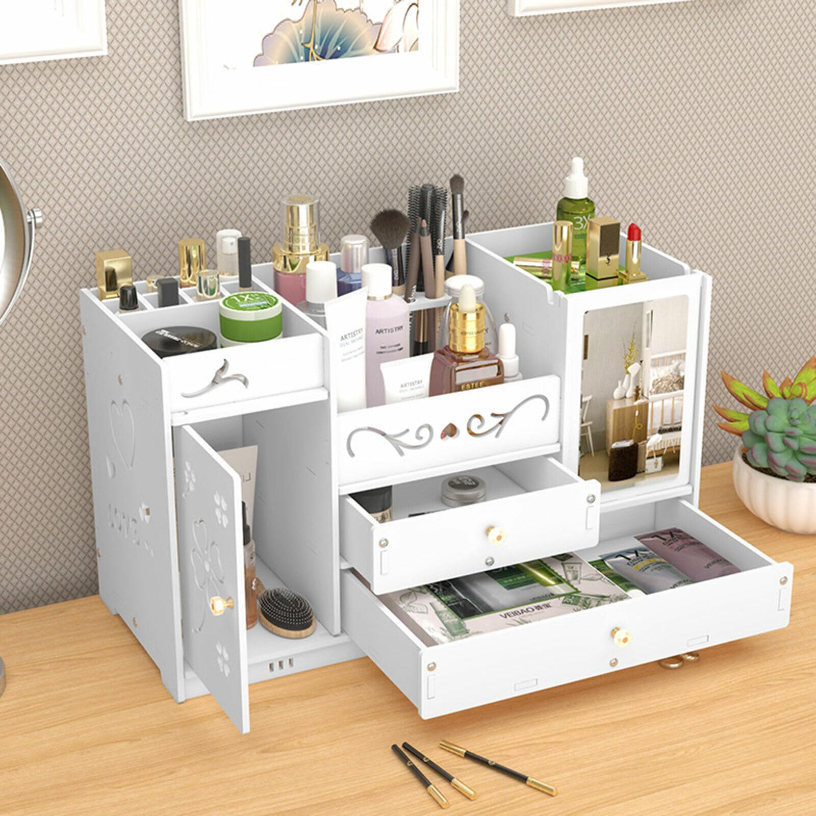 Kosmetik Make up Organizer mit 2 Schubladen Aufbewahrung Schmuck Box Parfüm Aufbewahrung,Skincare Beauty Schminke Kosmetikbox zubehör für Dresser Schlafzimmer Badezimmer,Weißer