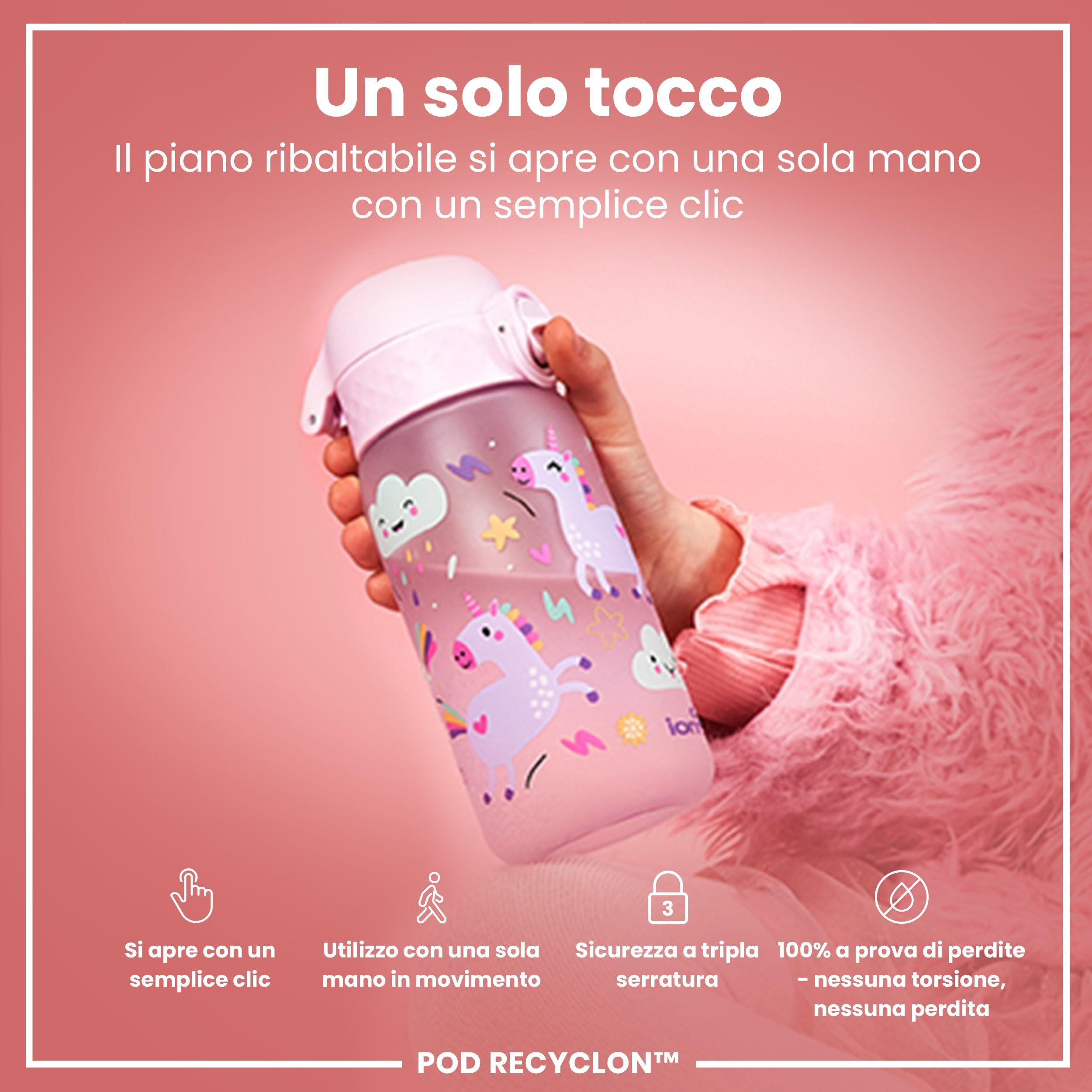 Ion8 Borraccia per Bambini, 350 ml, a Prova di Perdite, Facile da Aprire, Serratura Sicura, Lavabile in Lavastoviglie, Senza BPA, Maniglia per il Trasporto, Facile Pulizia, Unicorni Rosa