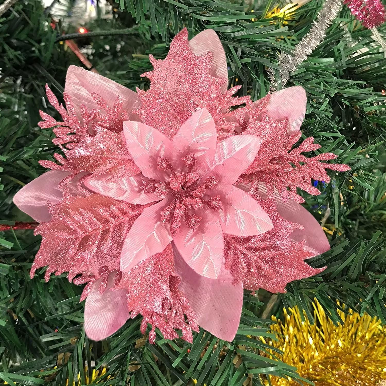 NiidodKatzi 15 Pcs Poinsettia Artificial Christmas Flowers Decorations with Clips and Stems & 20 Pcs Pipe Cleaners Craft Supplies Glitter Christmas Poinsettia DecorationsοΌPinkοΌ