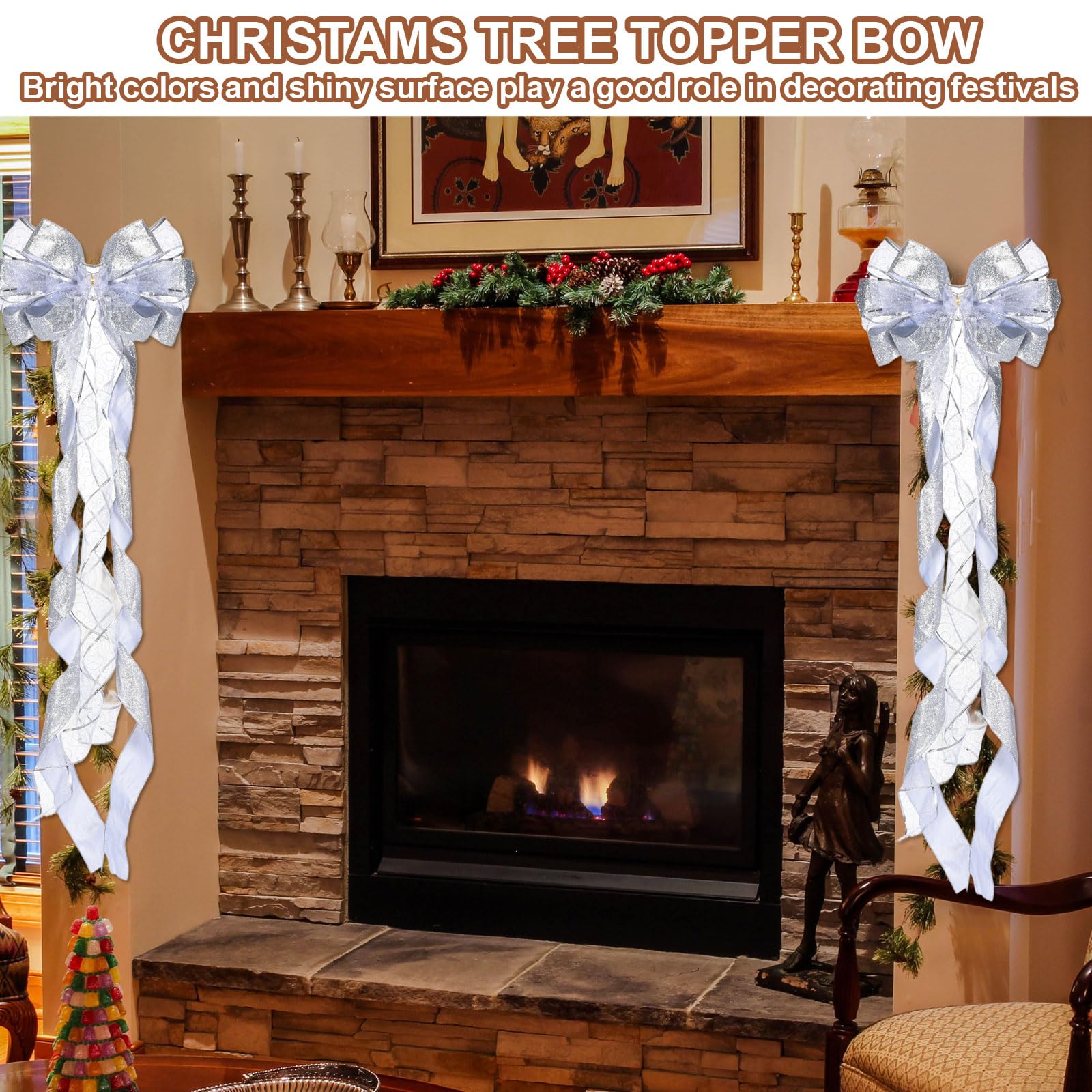 PATIKIL 2 Pcs Grand Nœud d'arbre 52"x13" Décoration De Fleur Argenté | Pour Sapin De Noël Avec Longues Banderoles Et Ruban À Motifs De Flocons De Neige Pour Mariage Anniversaire Fête Party