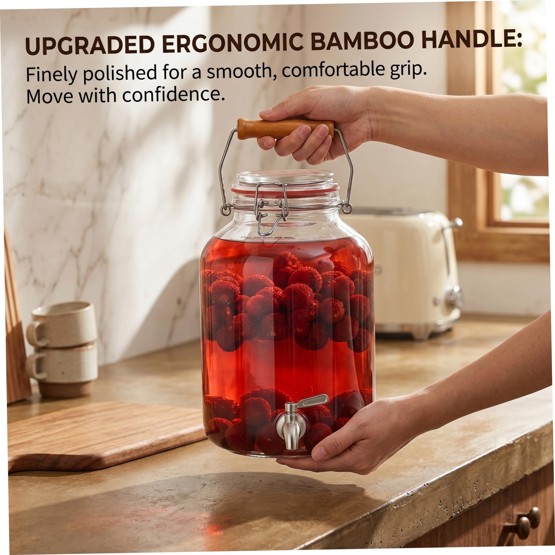Dispensador de bebidas de vidrio, jarra de agua de 5 litros con espiga y mango de bambú, dispensador de bebidas para fiestas, transparente