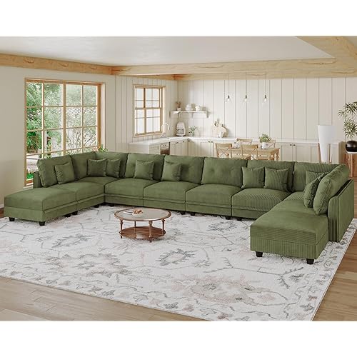 LLappuil Modular Sectional Sofa with Storage Seats, Corduroy Convertible Modular U Shaped Sectional Couch for Living Room, 10 Seat Oversized Sofa with 10 Back Cushion 10 Throw Pillow, Green