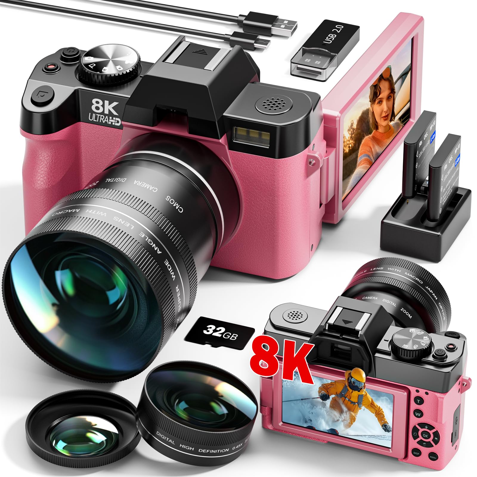 G-Anica 8K Digital Cameras Kit for Photography with Dual-Lens | 64MP WiFi Vlogging Point and Shoot Camera for Beginners,with 180° Flip Screen,16X Zoom,32GB Card,2 Batteries（PINK)-image-17