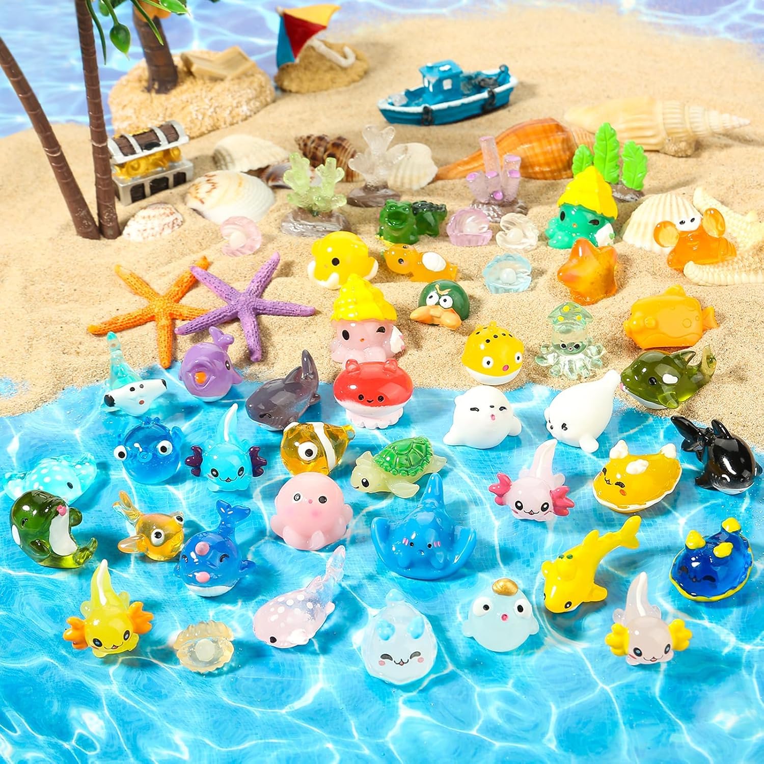 48pcs Mini Ocean Resin Animals Tiny Sea Animals Figurines Marine Miniature Plastic Aquarium Ornaments Decorations for DIY Fish Tank Potted Micro Fairy Garden Dollhouse Accessory