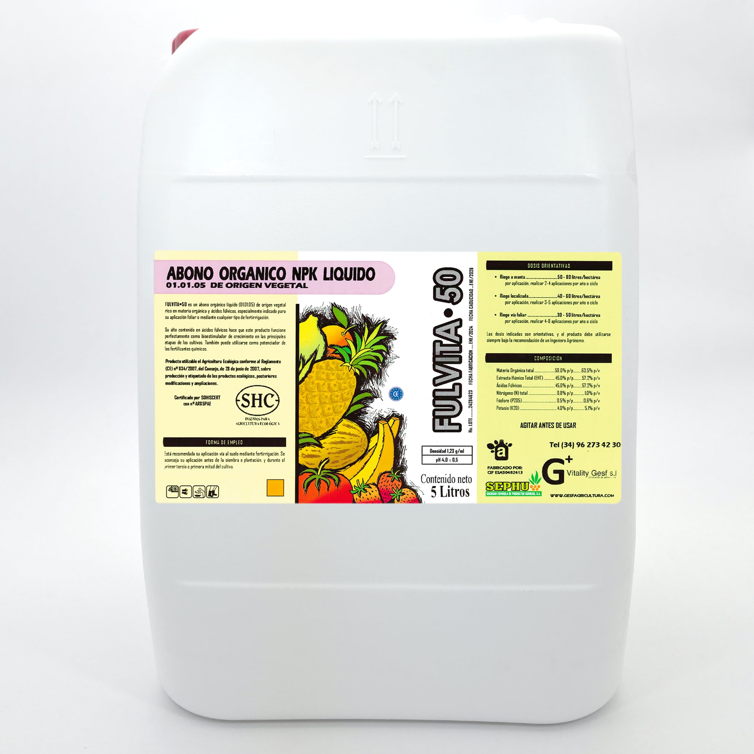 FULVITA·50 Ácidos Fúlvicos 57 % p/v de Origen Vegetal 20L | Abono Orgánico Líquido NPK | Estimulador radicular y foliar | Apto agricultura ecológica CE 834/2007