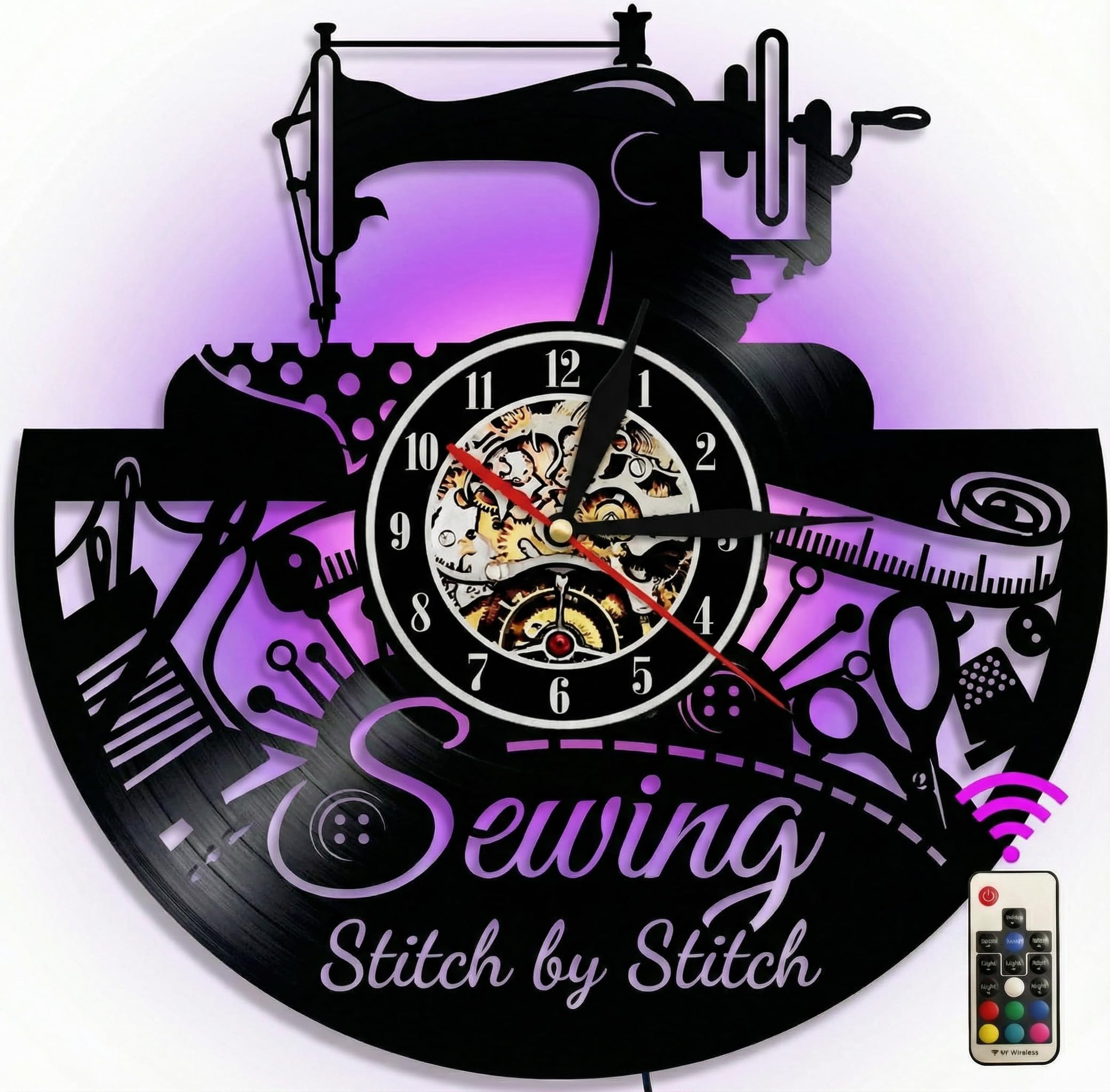 Photo 1 of 12 Inch Vintage Sewing Machine Vinyl Wall Clock with LED Lights, Silent Non?Ticking Quartz Wall Clock, Retro Sewing Room Decor, Sewing Themed Gift for Quilting Craft Lovers