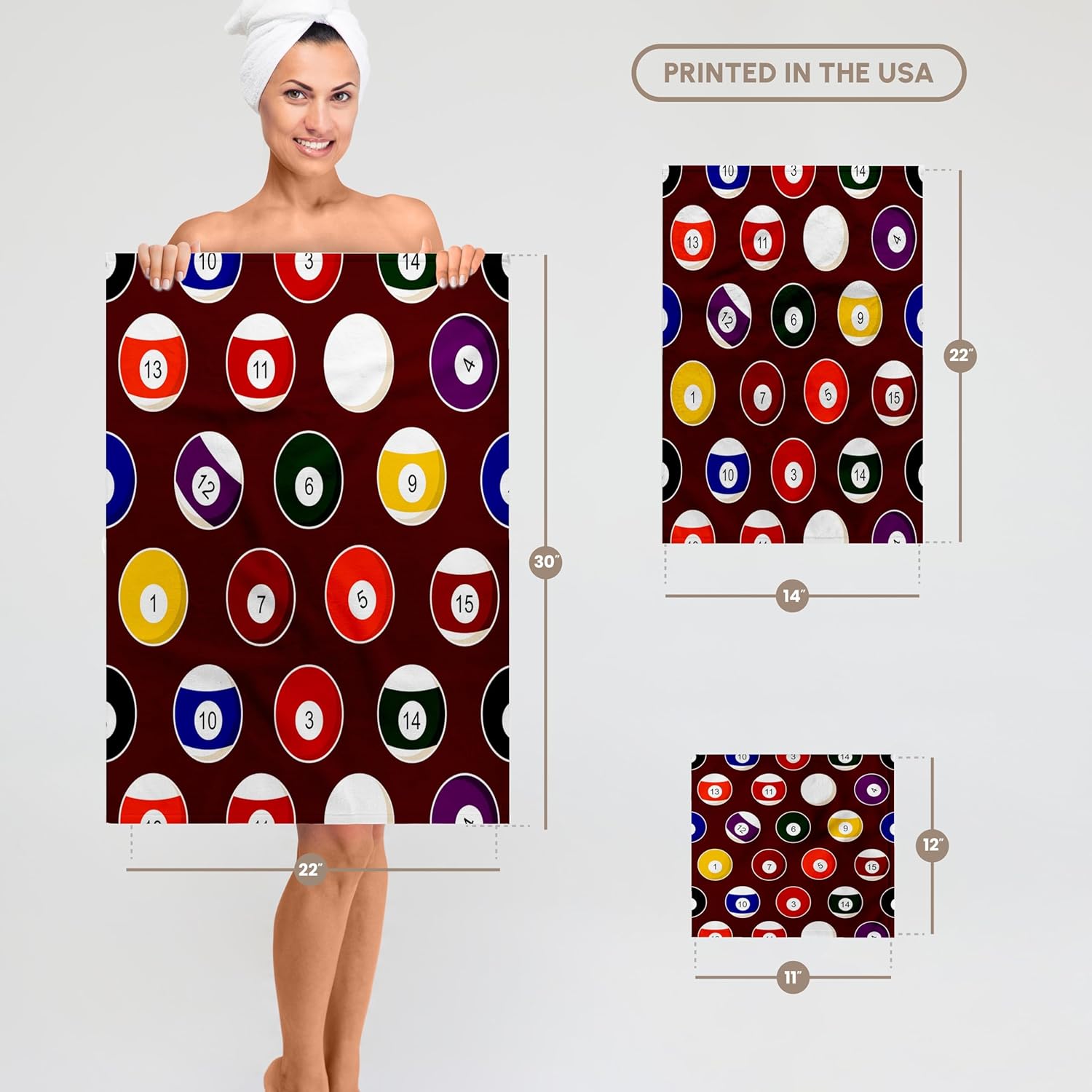 3dRose Burgundy Pool Ball Billiards Pattern 22x30 Bath Hand Pool Towel