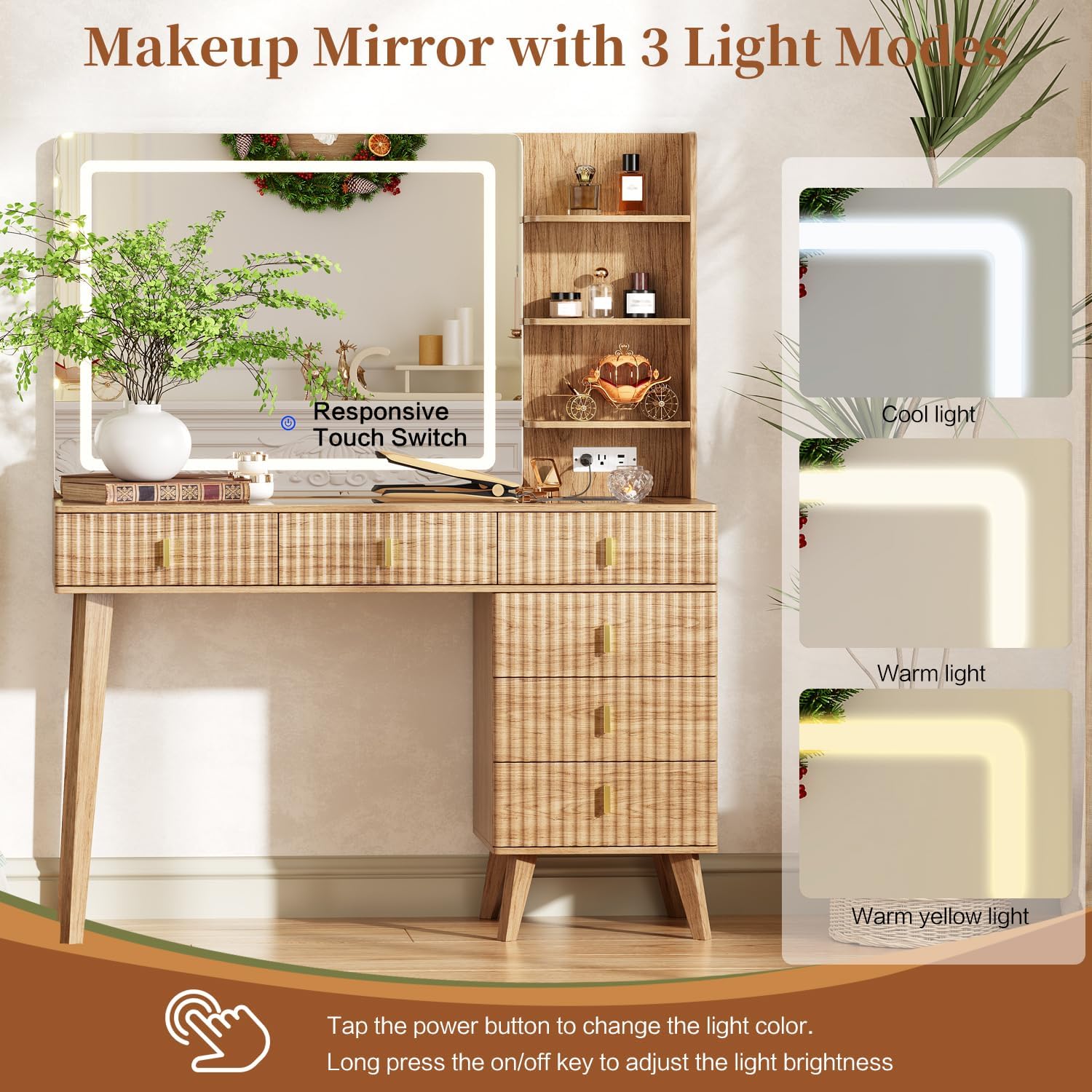 Large Makeup Vanity Desk with Mirror and Lights, Vanity Desk with 6 Drawers & Storage Shelves, Vanity Table with Power Outlet, 3 Color Modes & Adjustable Brightness Dressing Table, Bedroom,Wood