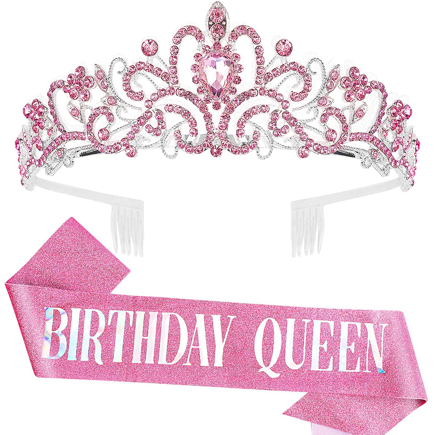 COCIDE Pink Birthday Queen Sash & Crystal Tiara Birthday Tiaras and Crowns for Women Sashes for Girls Decorations Set Rhinestone Headband Hair