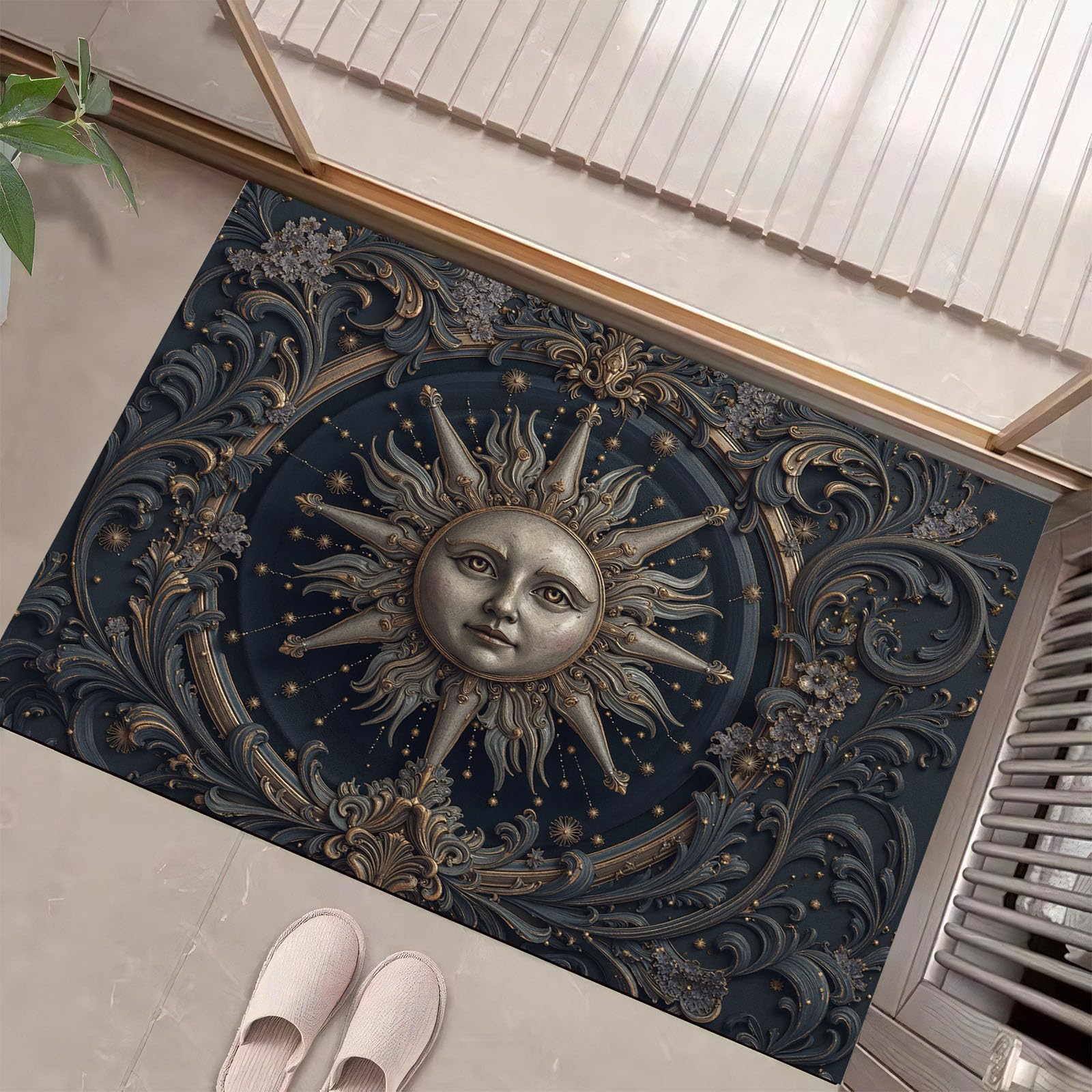 Paillasson Intérieur Soleil Rétro Tarot 45x75 cm, Tapis Absorbant et Lavable en Machine Bronze