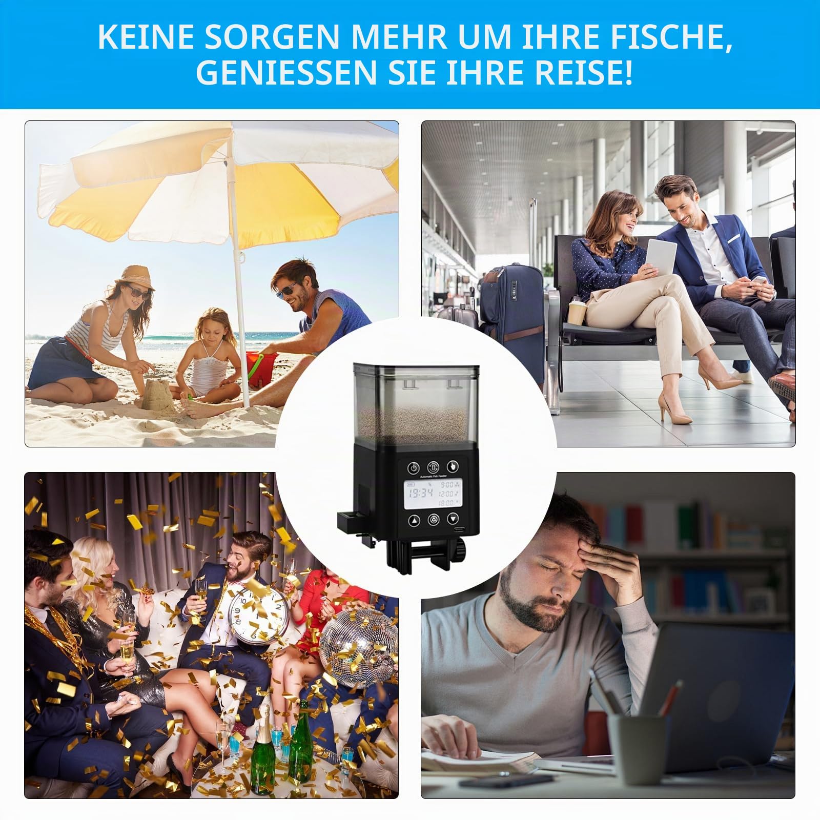 Podazz Futterautomat Aquarium – Wiederaufladbarer Zeitgesteuerter Fischfutterspender mit LCD-Display, 320 ml perfekt für Wochenenden und Feiertage - Schwarz