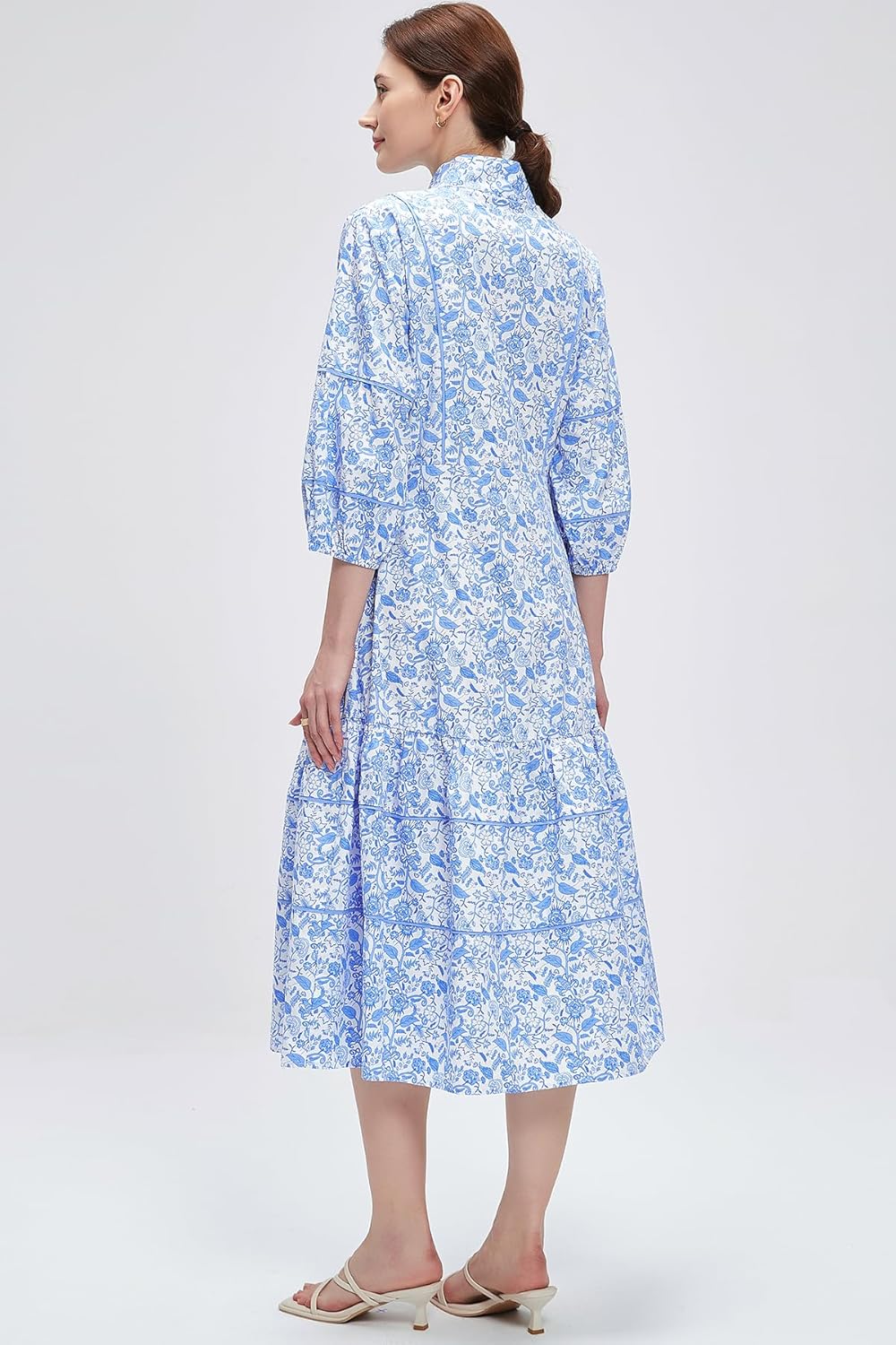 D-Sun Women Floral Maxi Dress Elegant Printed Button Down 3/4 Puff Sleeve Tiered A-Line Flowy Party Long Dress with Pocket - Image 4