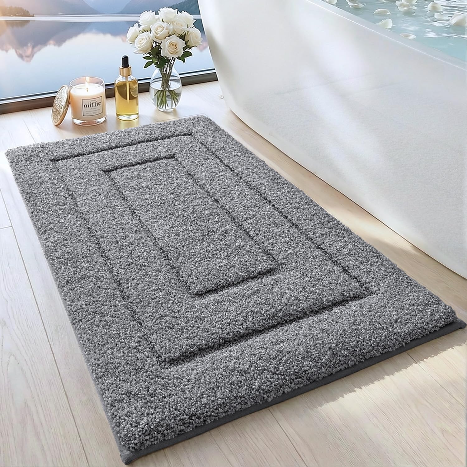 Dexi Grey Bath Mat 50 X 80 Cm, Extra Soft Absorbent Microfiber, Non-Slip Bathroom Mats, Machine Washable Rugs For Shower Floor,