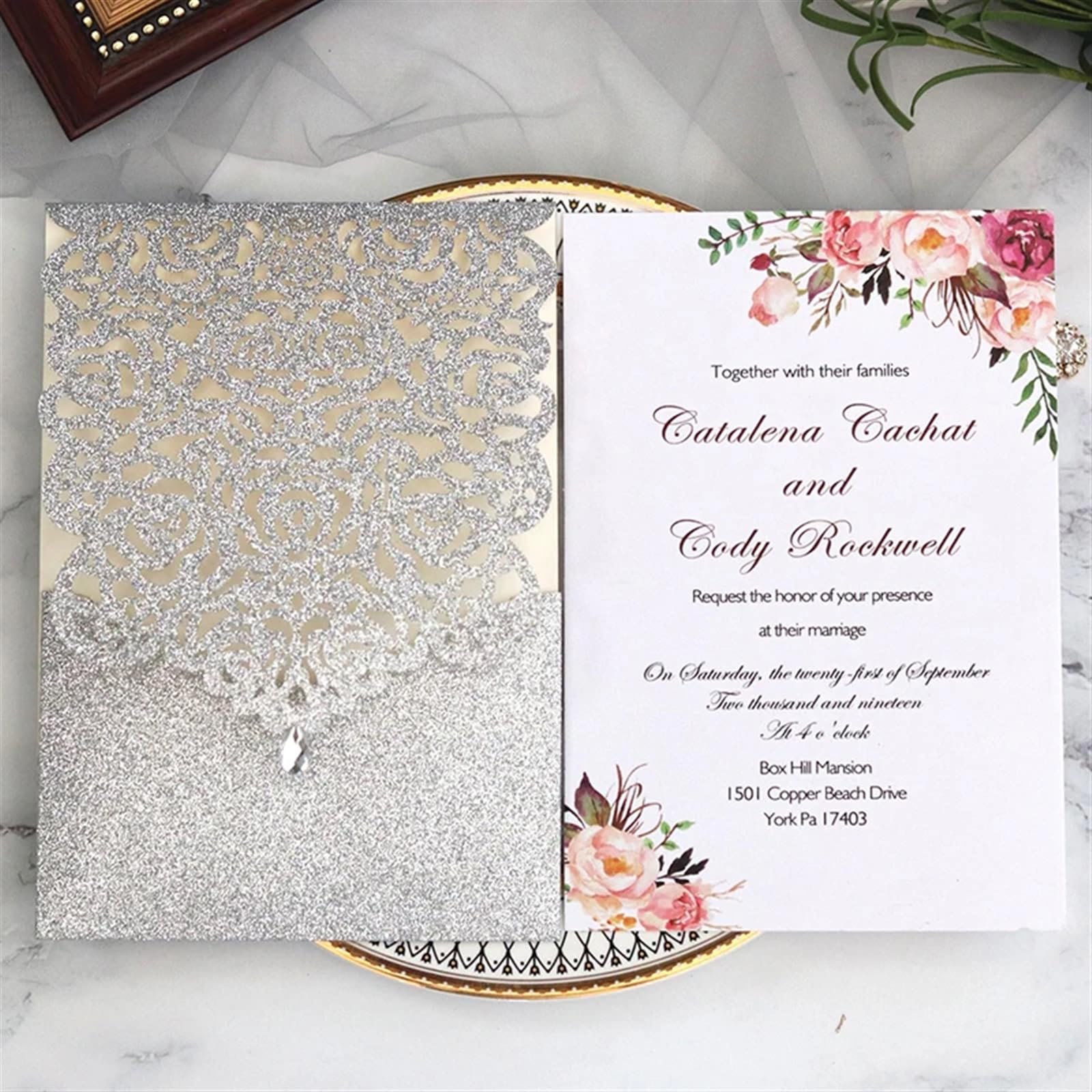 Hochzeitseinladungskarten 25/50 Stück glitzerndes Papier, Hochzeitseinladungskarte, Spitze, Diamant-Tasche, Grußkarte, Druck, Geburtstag, Mariage, Party-Dekoration(Purple cover insert,50pcs)