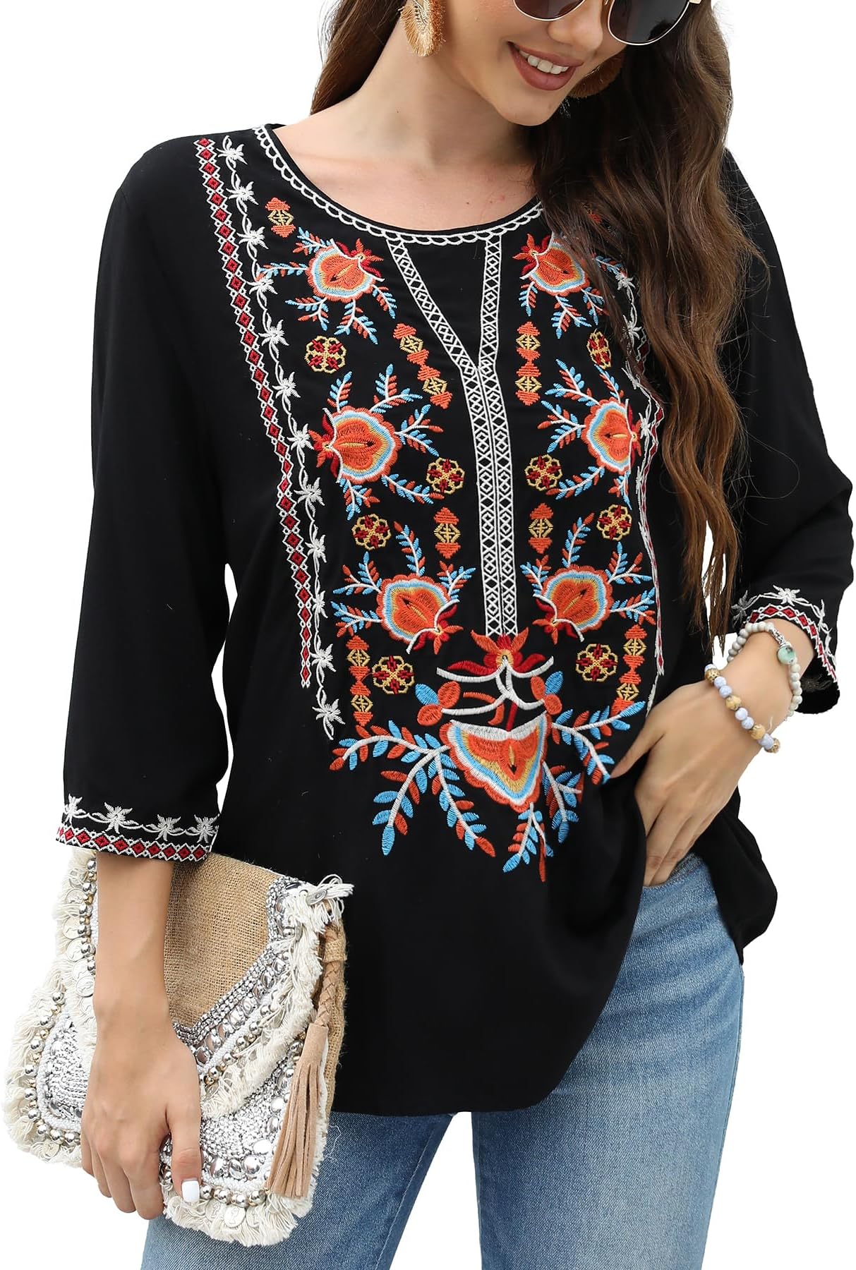 HigustarMexican Blouses for Women Embroidered Traditional Floral Peasant Tops Bohemian Clothes 3/4 Sleeve Tunic Boho Shirt