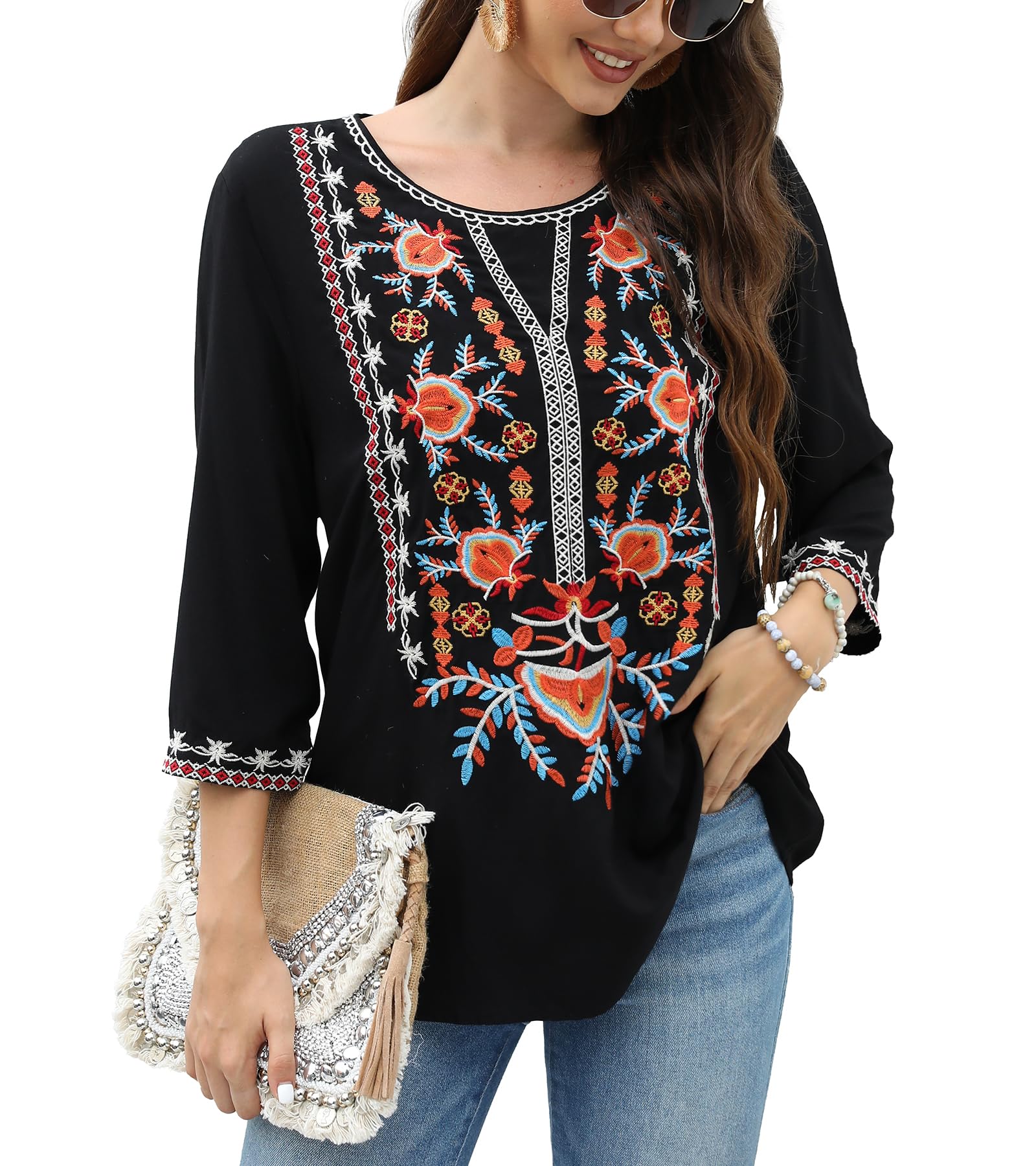 HigustarMexican Blouses for Women Embroidered Traditional Floral Peasant Tops Bohemian Clothes 3/4 Sleeve Tunic Boho Shirt