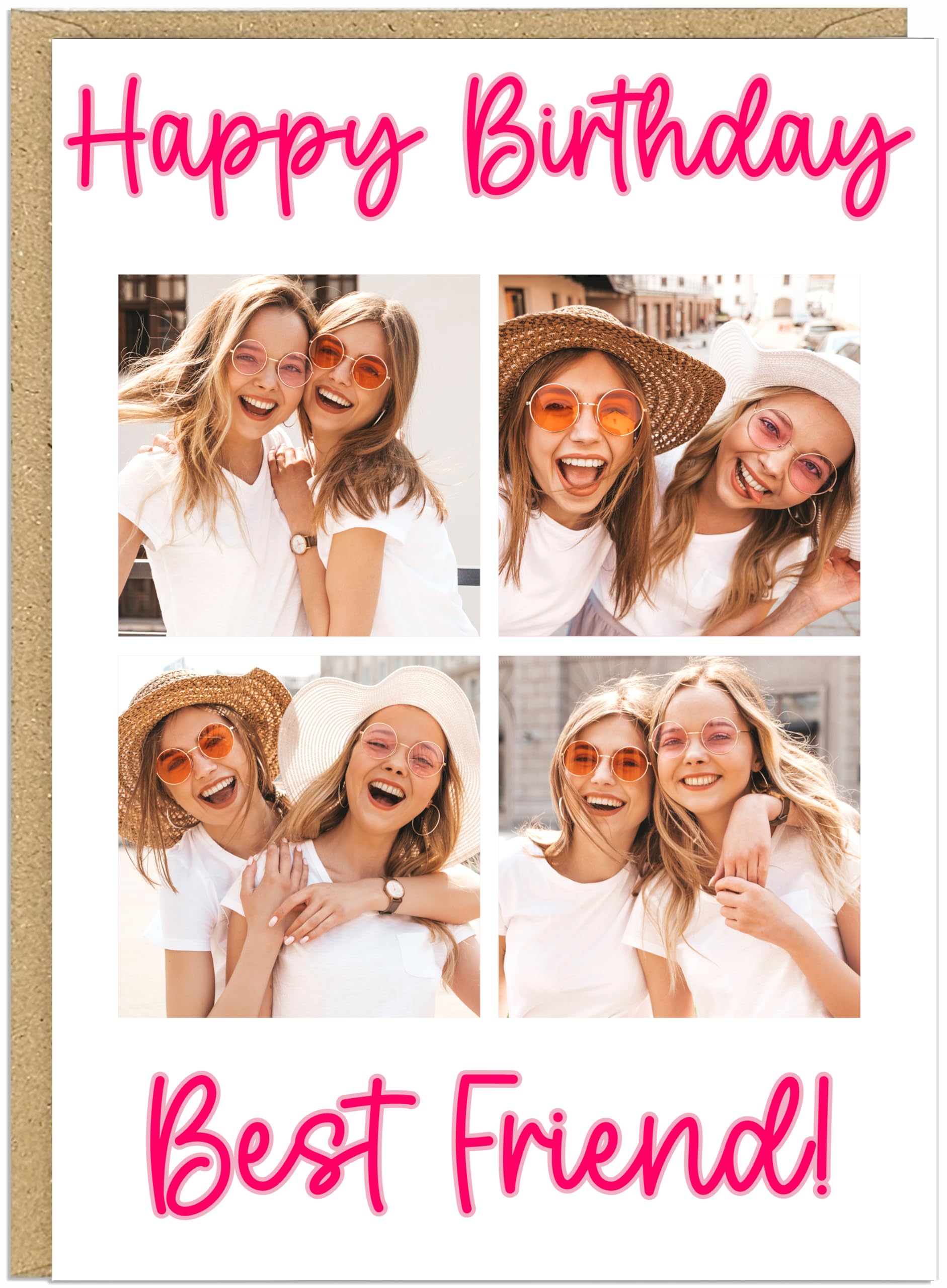 Happy Birthday Personalised 4 Photo Birthday Card for Her Women Girls - Custom Upload Own Pictures & Message Pink Grey Gold Text A5 Greeting Card For Sister Daughter Mum Friend (Bright Pink Text)