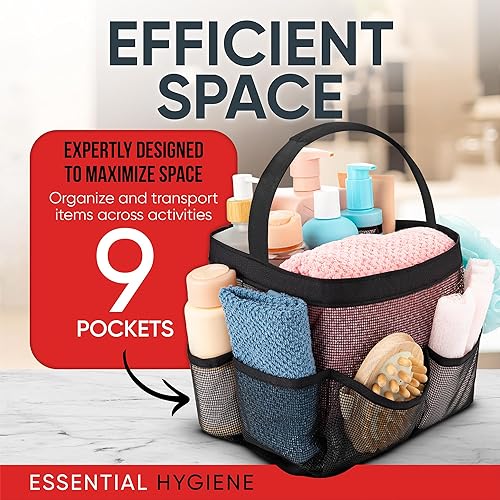 Miniatura 5 de Masirs Bolsa de ducha de malla, fácil de transportar, organiza artículos esenciales de tocador de baño mientras te duchas (9 bolsillos  Negro)