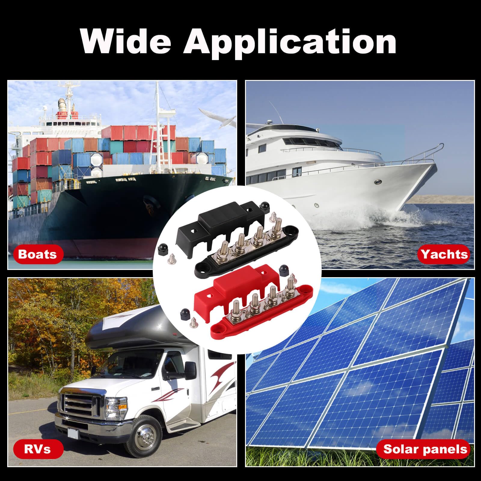 2 piezas 12V-48V DC Busbar bloque de distribución 250A BusBar con 4 x M8 pernos terminales, fácil de utilizar bloque de distribución de energía para RV Yate Barco (Negro Rojo)