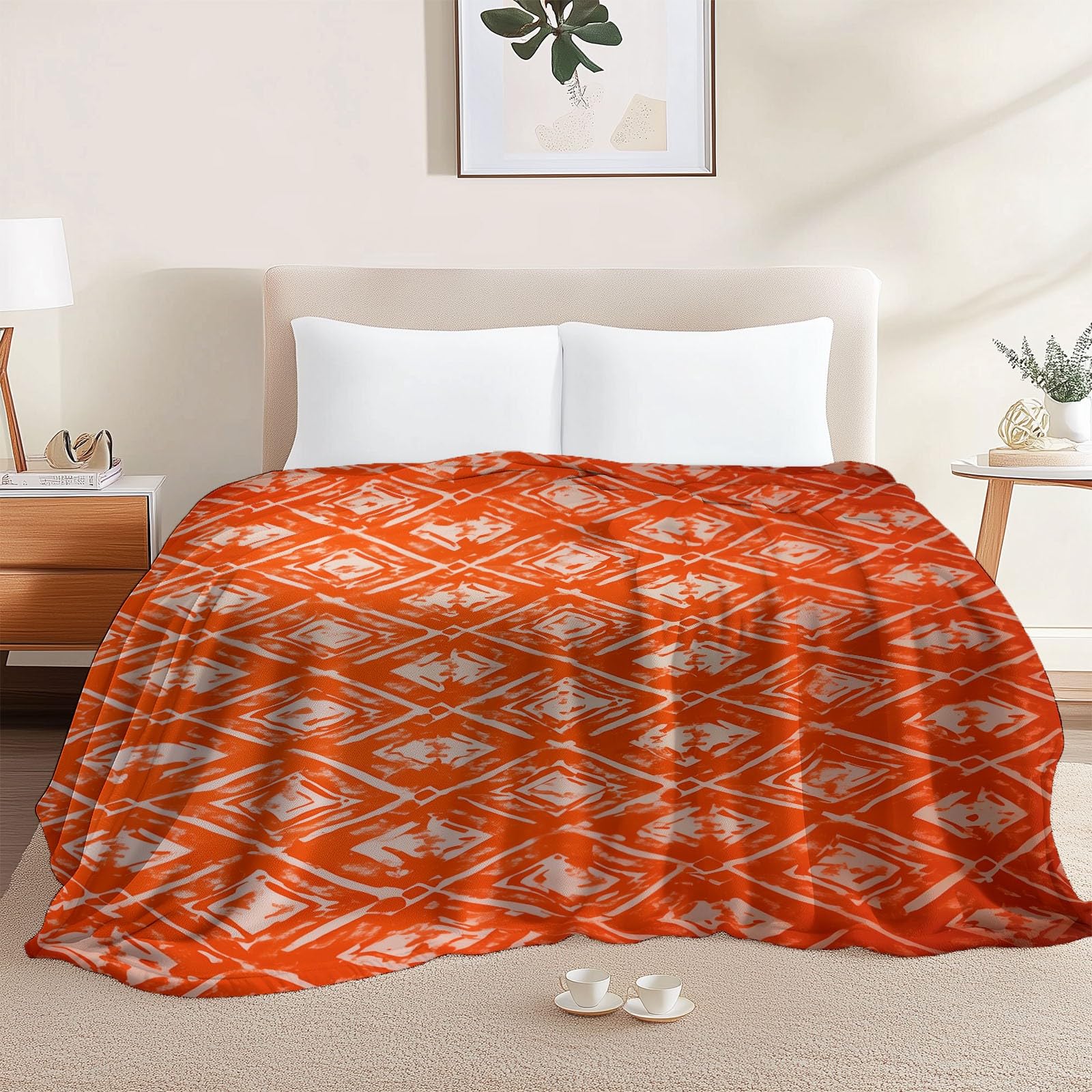 Couverture polaire hiver 200 x 220 cm orange blanche pour lit et canapé