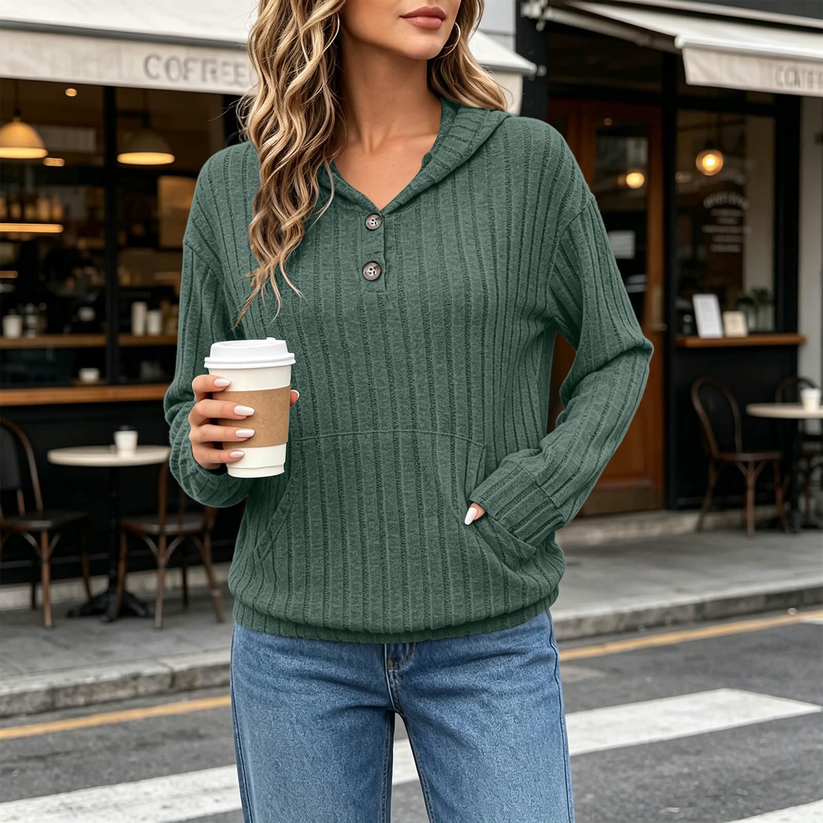 Damen Strickpullover Weiche Langarmshirt Oversize Einfarbig Kapuzenpullover