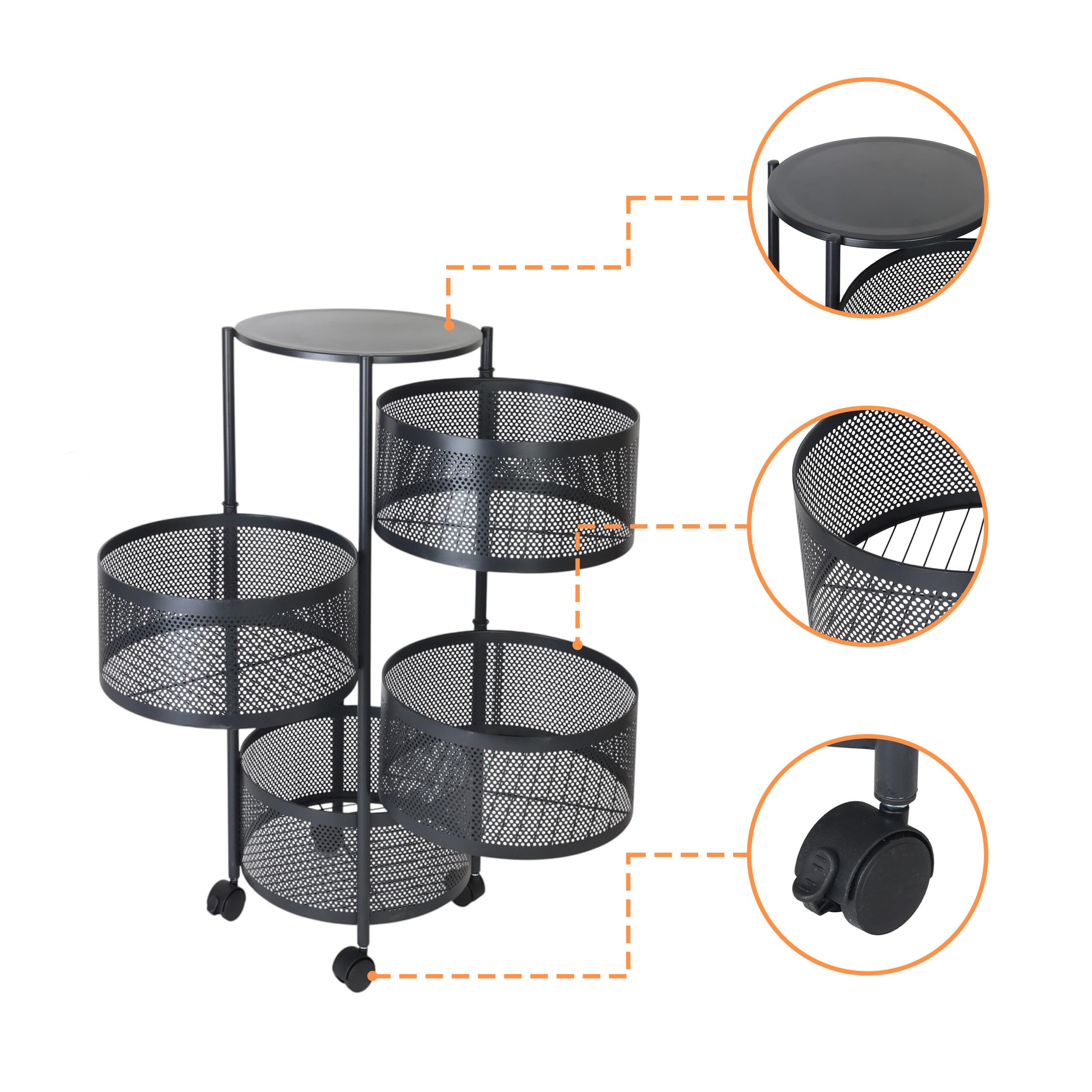 Relaxdays Carrello da Cucina con Ruote e 4 Ripiani Girevoli, HxL: 75x34 cm, Metallo, Carrellino Multiuso da Bagno, Nero