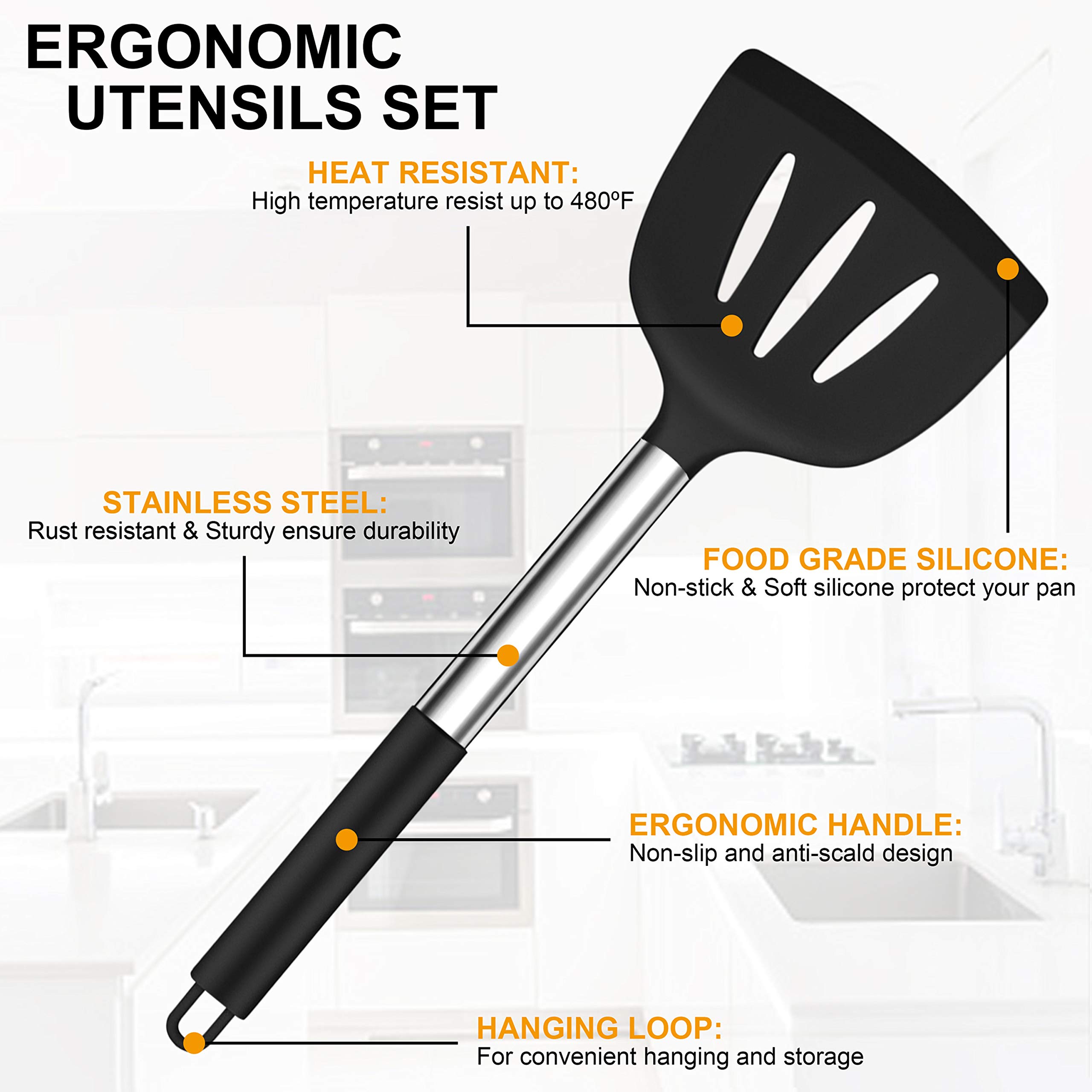 LIANYU Juego de 43 utensilios de cocina de silicona, juego de espátulas con soporte, resistentes al calor, utensilios de cocina antiadherentes, mango de acero inoxidable, color negro