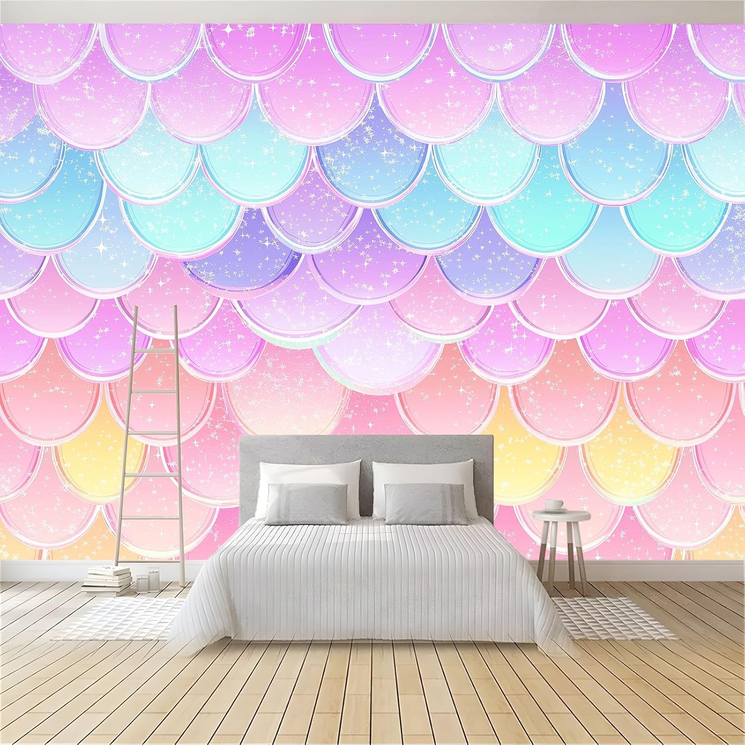 Sparkling Fantasy Mermaid Scales Wall Mural Photo Wallpaper Anime Style Background Mural Wallpaper for Bedroom Living Room Decoration (Not Self-Adhesive) W79 x H55