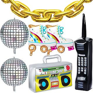 18 Pieces 80s 90s Party Decorations Rainbow Roller Skate Balloons Gold Chain Balloons Inflatable Boombox Radio Mobile Phone Balloons 4D Disco Ball Aluminum Film Balloons for Adult Hip Hop Themed Decor