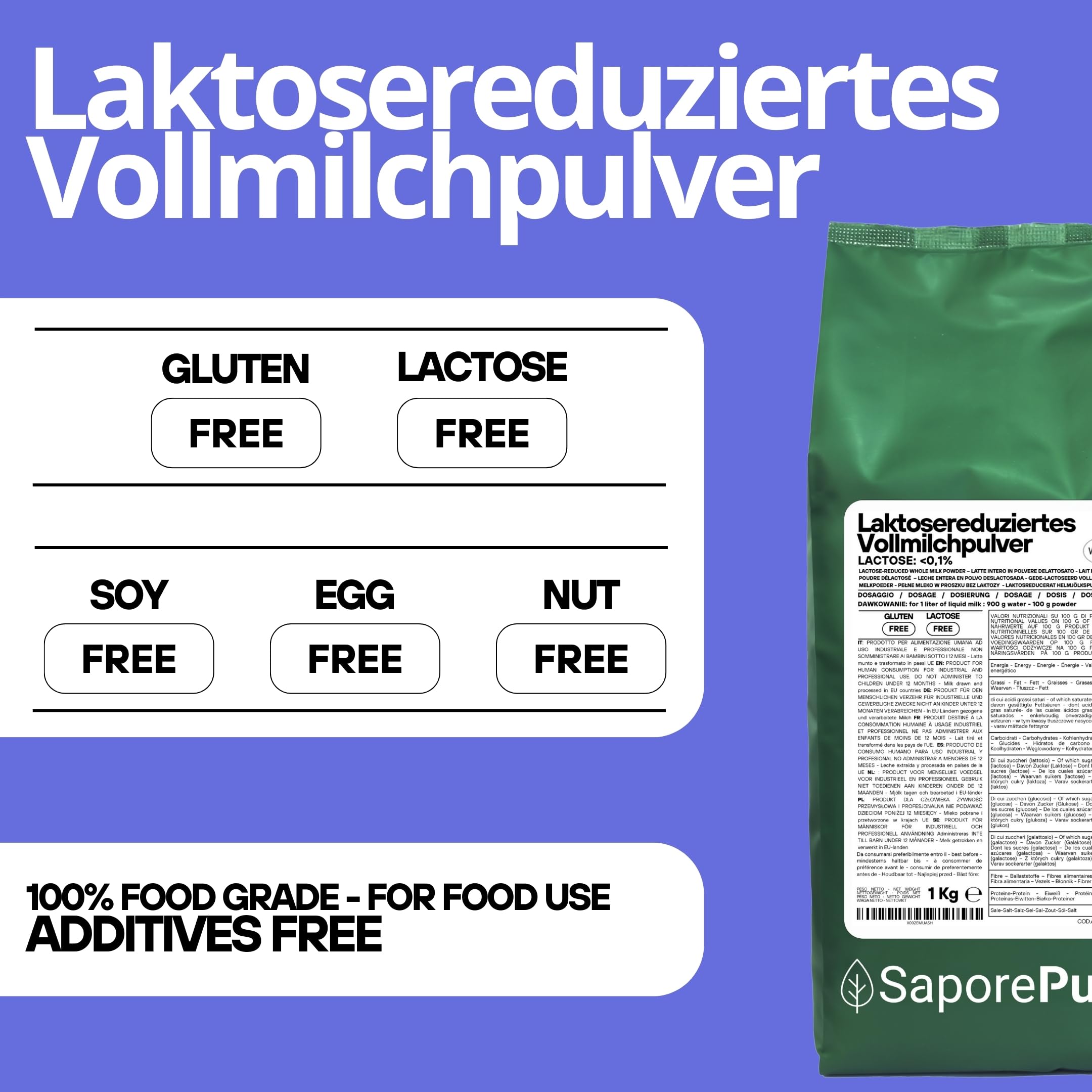 SaporePuro Laktosefreies Vollmilchpulver 1 kg | Hohe Löslichkeit | Ideal für Backwaren, Brot und Speiseeis | Professionelle und industrielle Verwendung | Laktosefrei | Glutenfrei