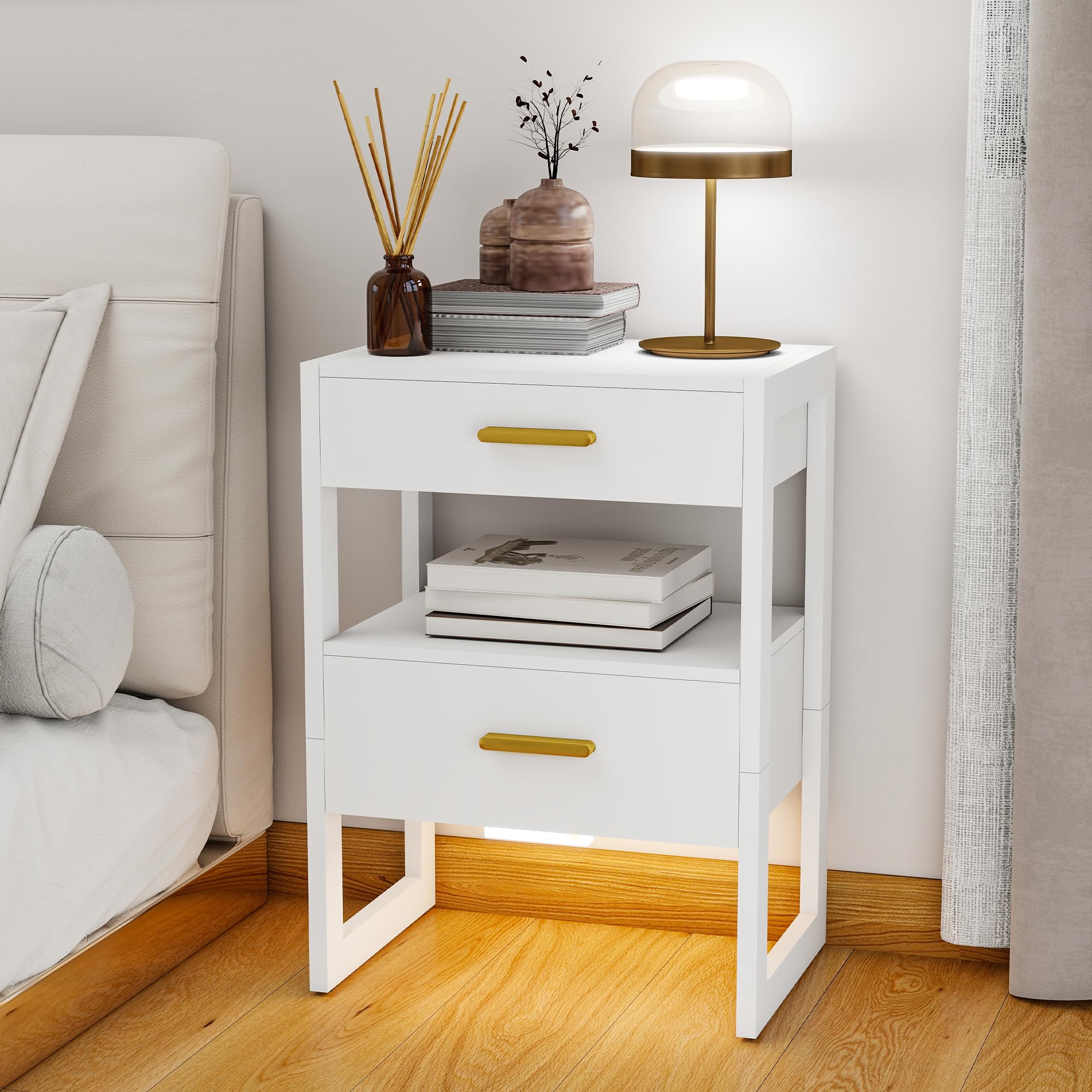 Edospaen Wooden Nightstand with Motion Sensor Night Light & Storage Drawer, Modern Bedside Table End Table for Bedroom Living Room