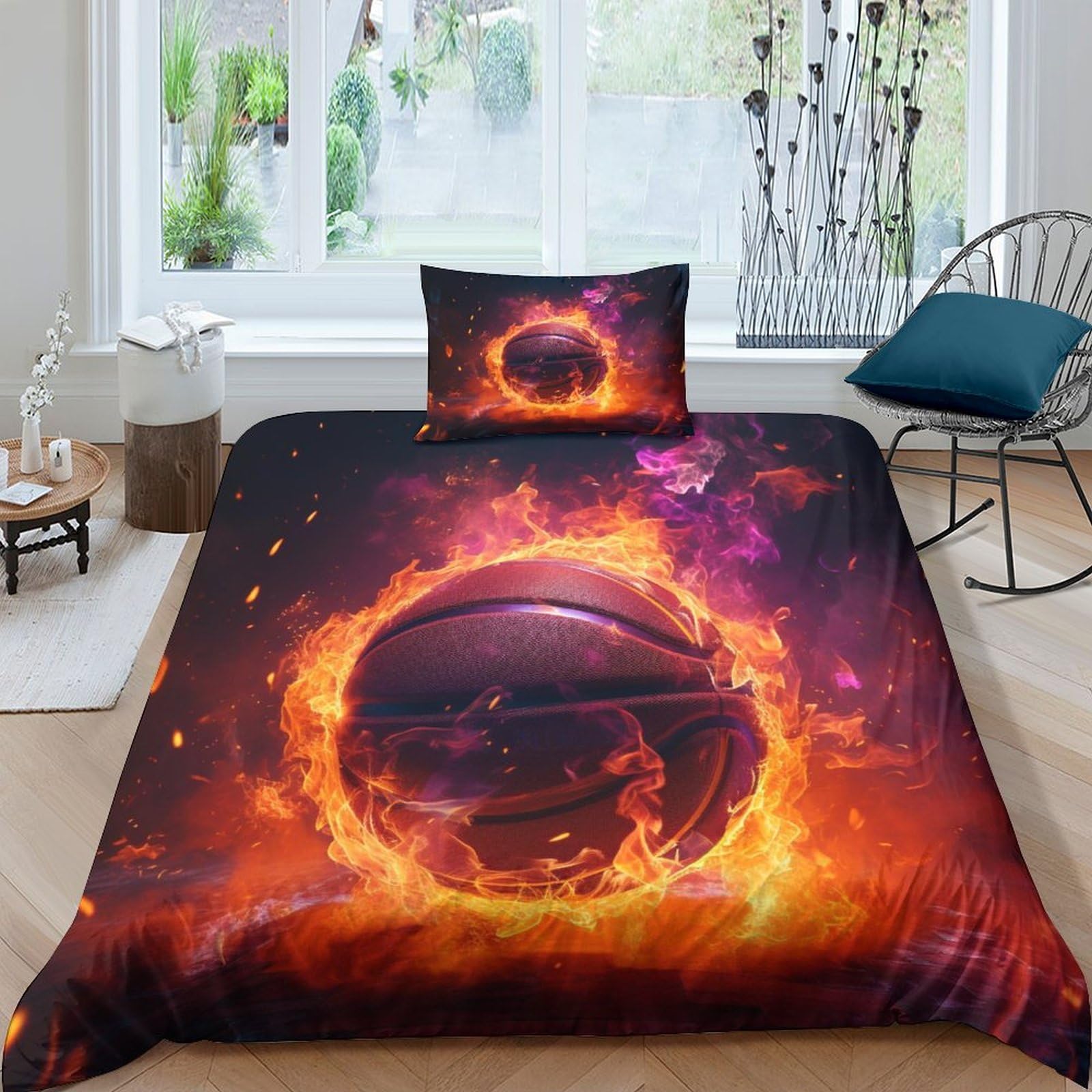 HOTGE Flaming Basketball Bedding Duvet Cover 3D Sports Printed Quilt Duvet Cover with Zipper Closure, Soft Microfiber Bedding For Adults And Children Single（135x200cm）
