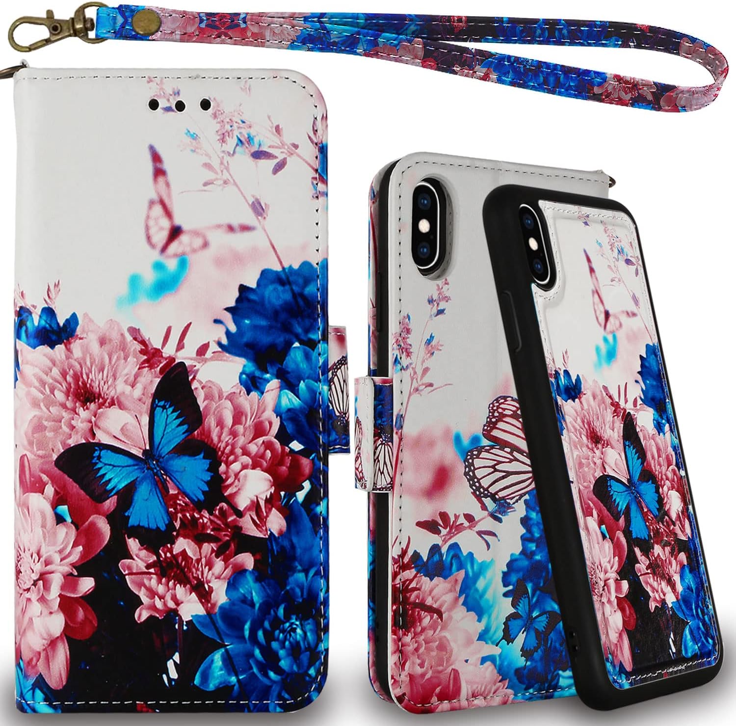 Mefon iPhone Xs Max Detachable Leather Wallet Phone Case, with Tempered Glass and Wrist Strap, Enhanced Magnetic Closure, Durable Slim, Luxury Flip Folio Cases for Apple iPhone Xs Max (Butterfly 1)