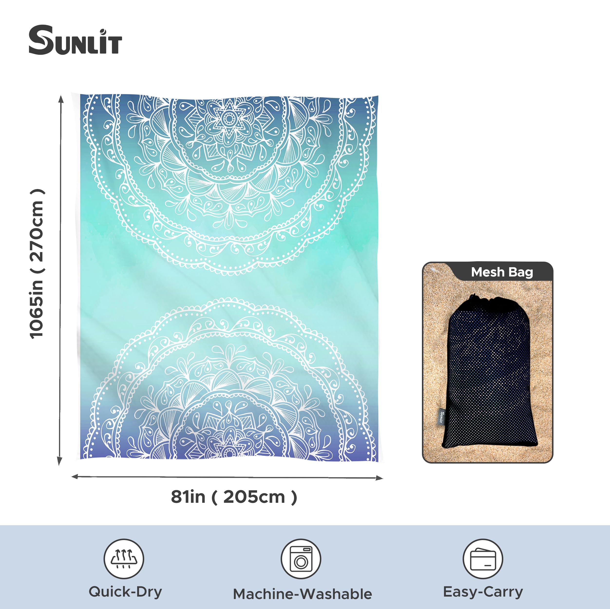 Sunlit Couverture de Plage Douce et Soyeuse de 269,2 x 205,7 cm, Tapis Anti-Sable avec Poches d'angle et Sac en Maille pour fête de Plage, Voyages, Camping et Festival de Musique en Plein air, Motif