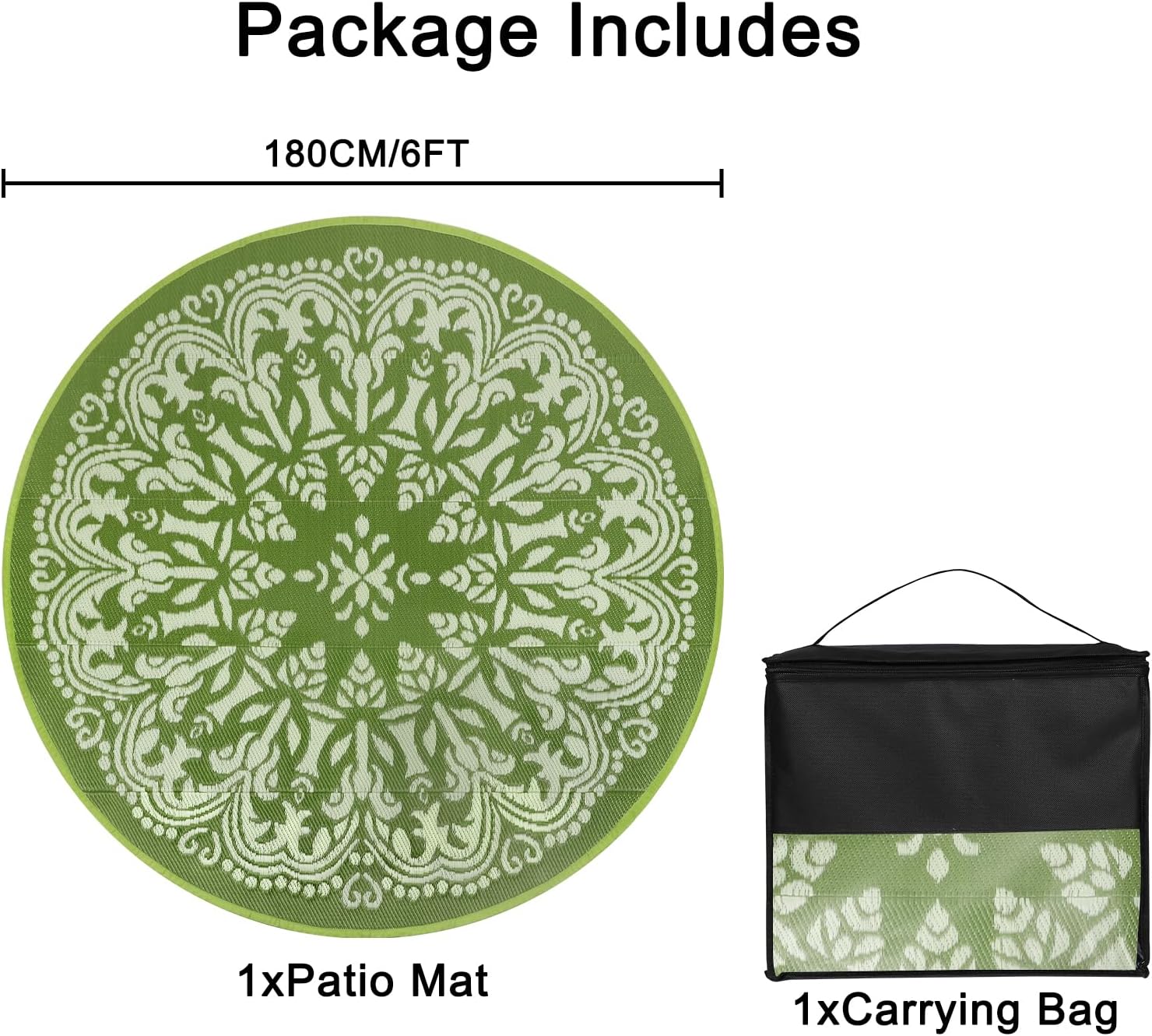 Homcomoda Round Outdoor Patio Rug 6Ft Waterproof Indoor Outdoor Area Rug Green Modern Floral Machine Made Low Pile Reversible Straw Rugs for Porch Garden Deck Backyard Balcony