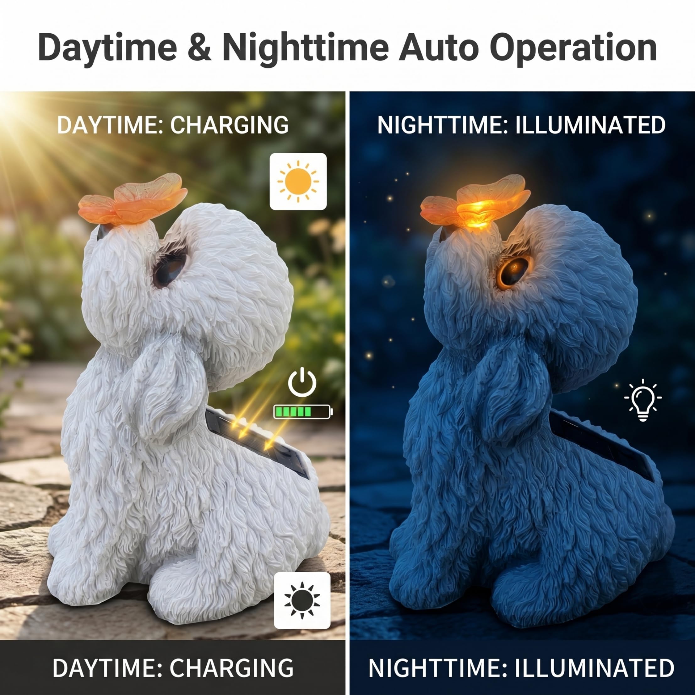 Estatuas de Perros al Aire Libre, Estatua de jardín Solar, estatuilla de Perro de Peluche Blanco con luz LED de Mariposa - Decoración de Patio y Patio al Aire Libre.