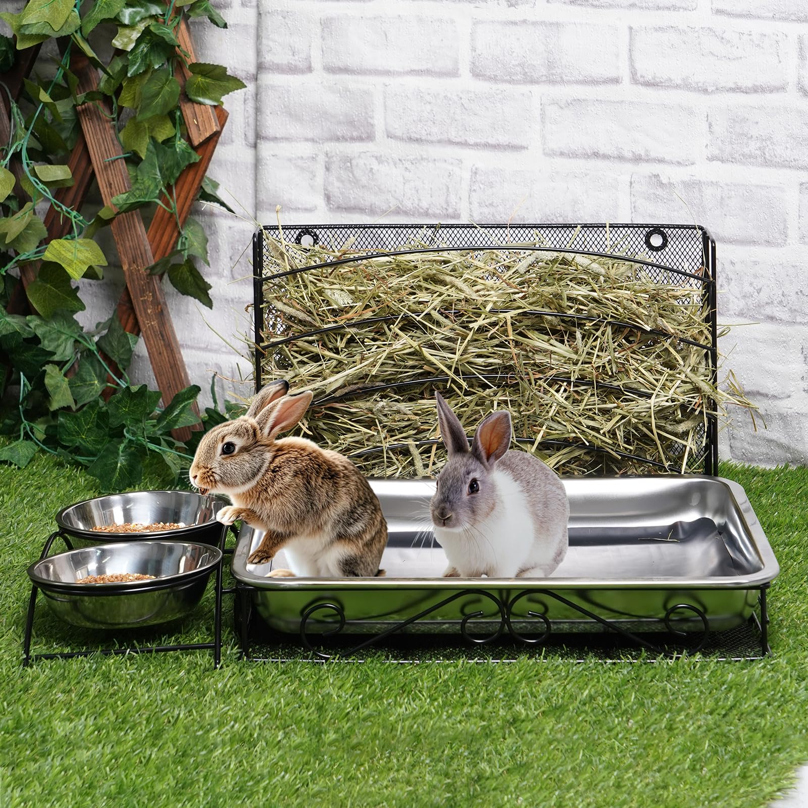Mangiatoia 3 in 1 per coniglio con lettiera in acciaio inox e 2 ciotole per animali domestici, grattugia, per piccoli animali domestici, conigli, criceti, porcellini d'India
