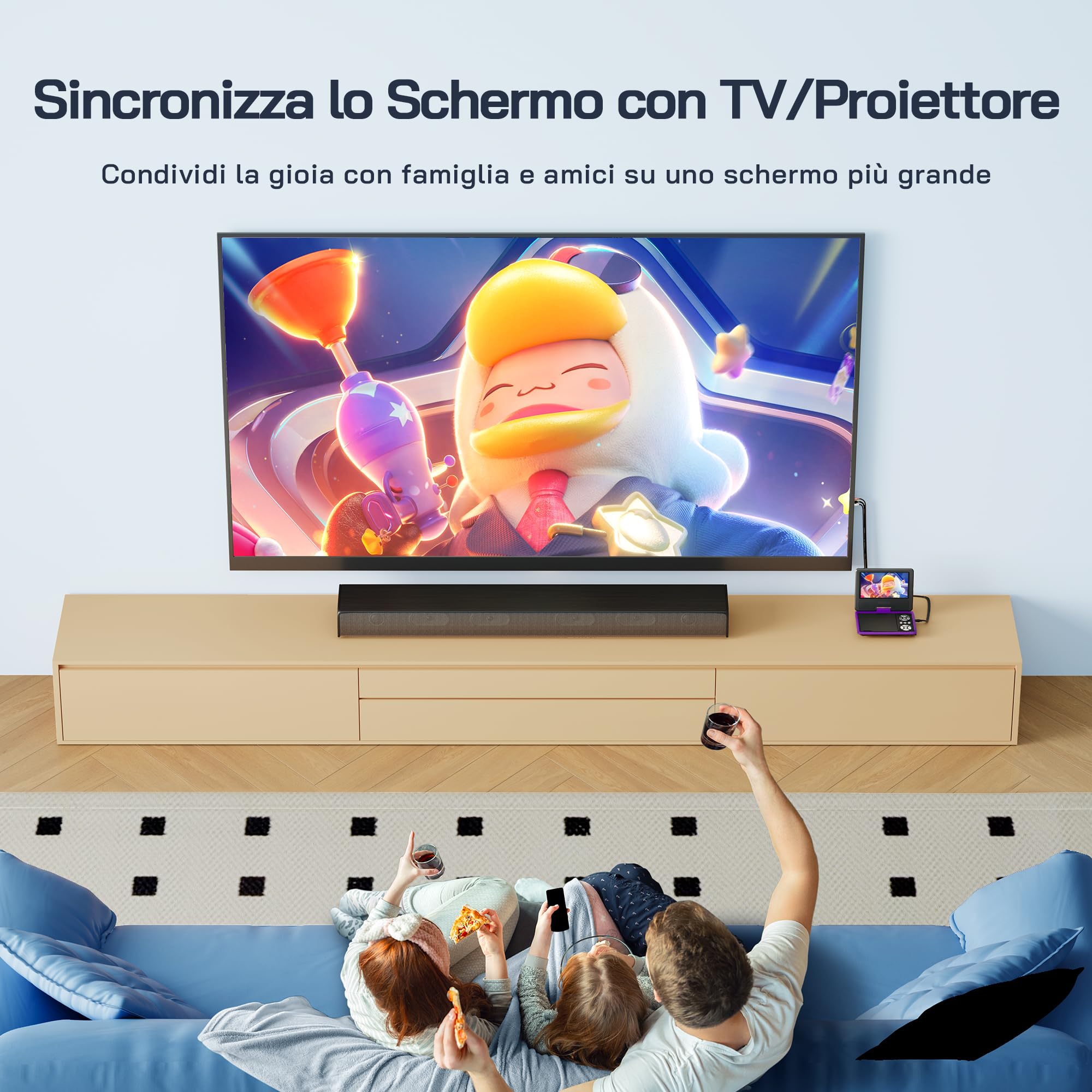 Wolfang - Lettore DVD portatile da 9,5 pollici per bambini e viaggi in auto con schermo HD girevole da 7,5 pollici, durata della batteria 4-6 ore, senza restrizioni regionali, altoparlante stereo