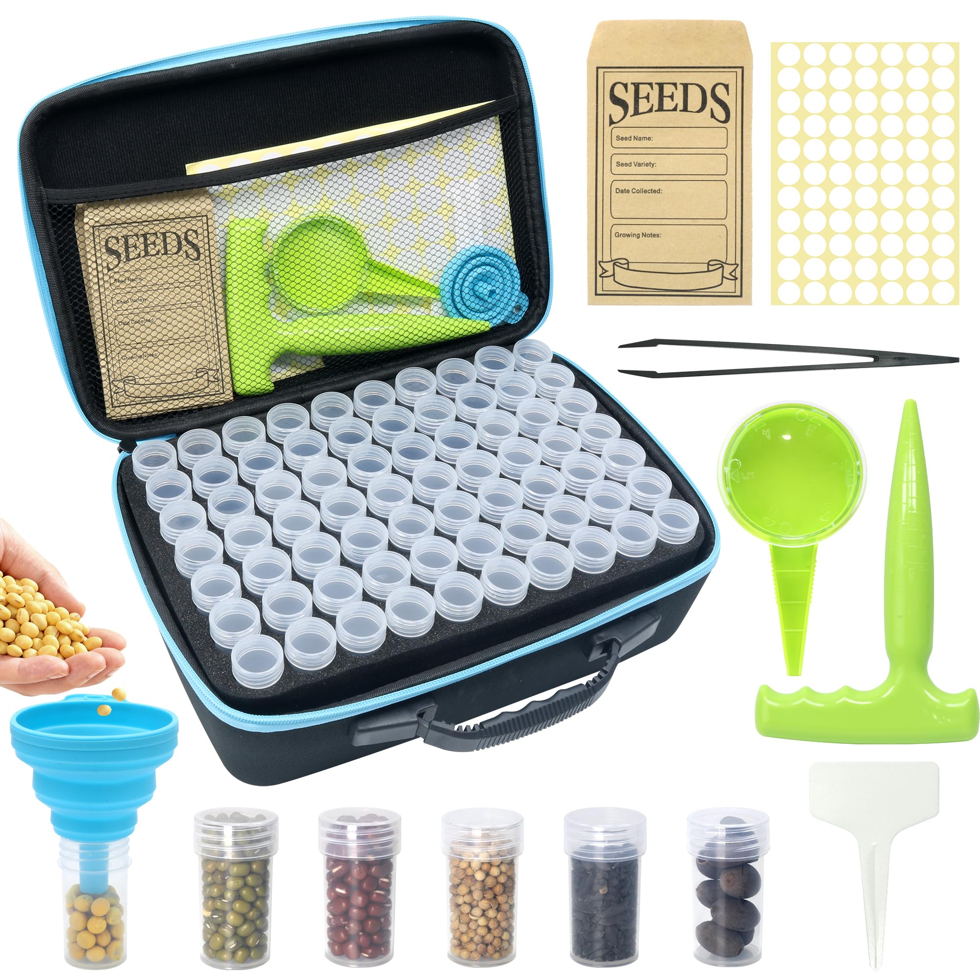 Kit organizador de almacenamiento de semillas de 140 ranuras con 20 sobres, caja de almacenamiento de semillas impermeable, botellas transparentes, pinzas, embudo, sembrador para verduras