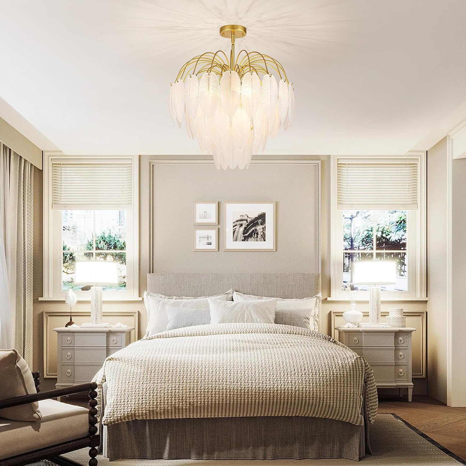 8-Light Gold Chandeliers, 4-Tier Modern Pendant Light Fixture for Dining Room, Living Room, D21 x H24~54" Adjustable Height, Frosted Feather-Shaped Glass Shade & Brass Finish Frame