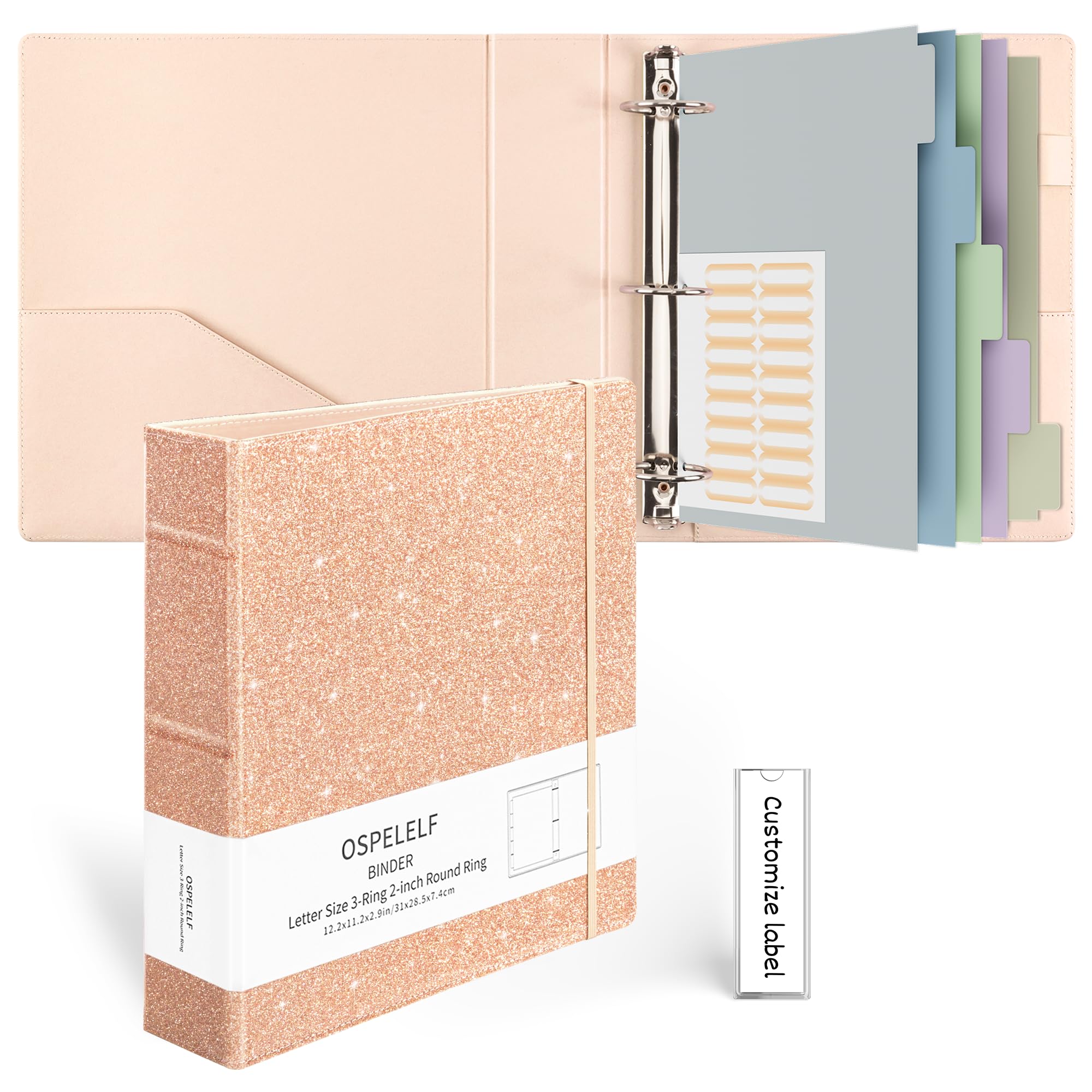 Ospelelf Vintage Hardcover 3 Ring 2 inch Leather Binder, Professional Binders Organizer Suitable for Letter Size Documents, Binder Dividers with Tabs, Faux Glitter Pink Leather